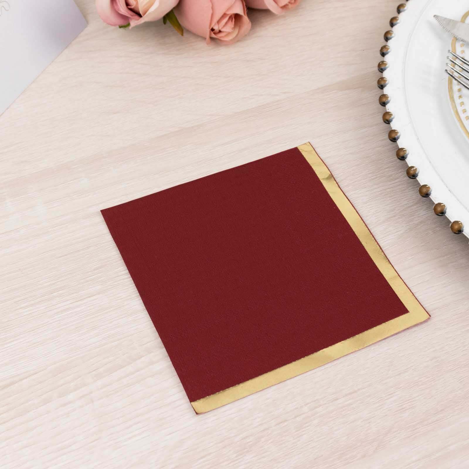 Hot! 50-Pack 2-Ply Disposable Burgundy Cocktail Napkins with Gold Foil Edge, 18GSM