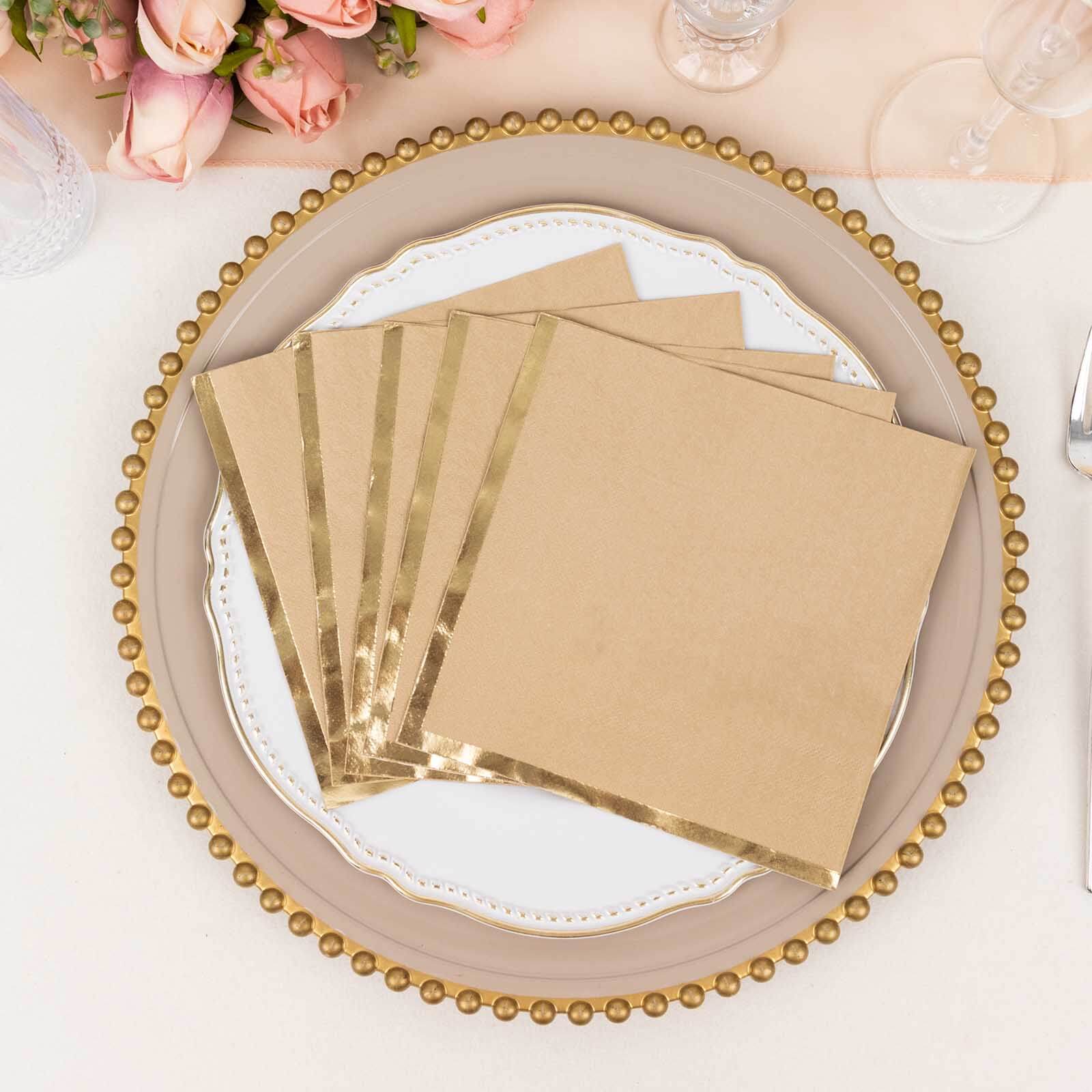 50-Pack Disposable 2-Ply Gold Foil Edge Natural Paper Beverage Napkins for Events