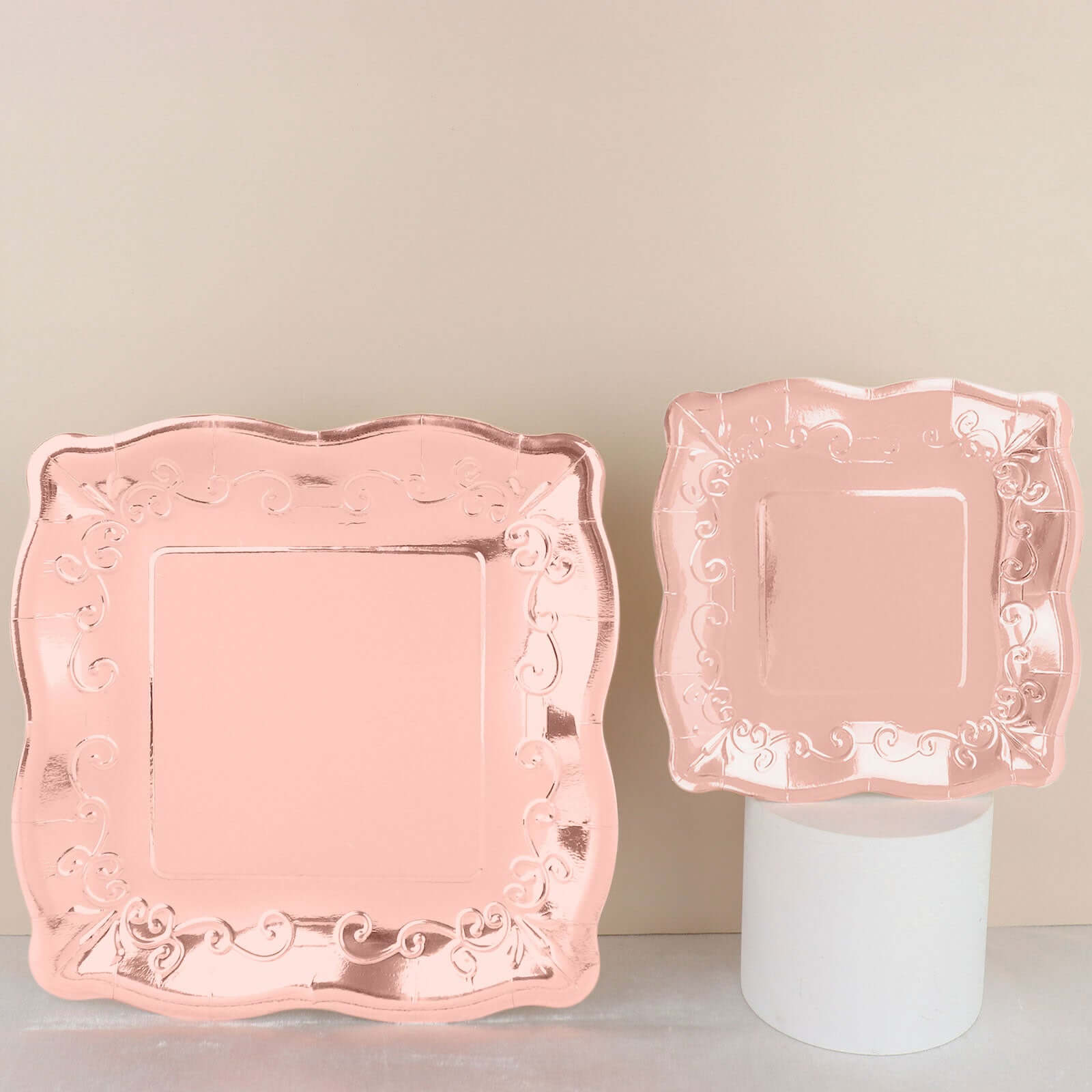 Hot Sale! 25-Pack Disposable Rose Gold Square Dessert Appetizer Paper Plates with Vintage Pottery Embossed Design