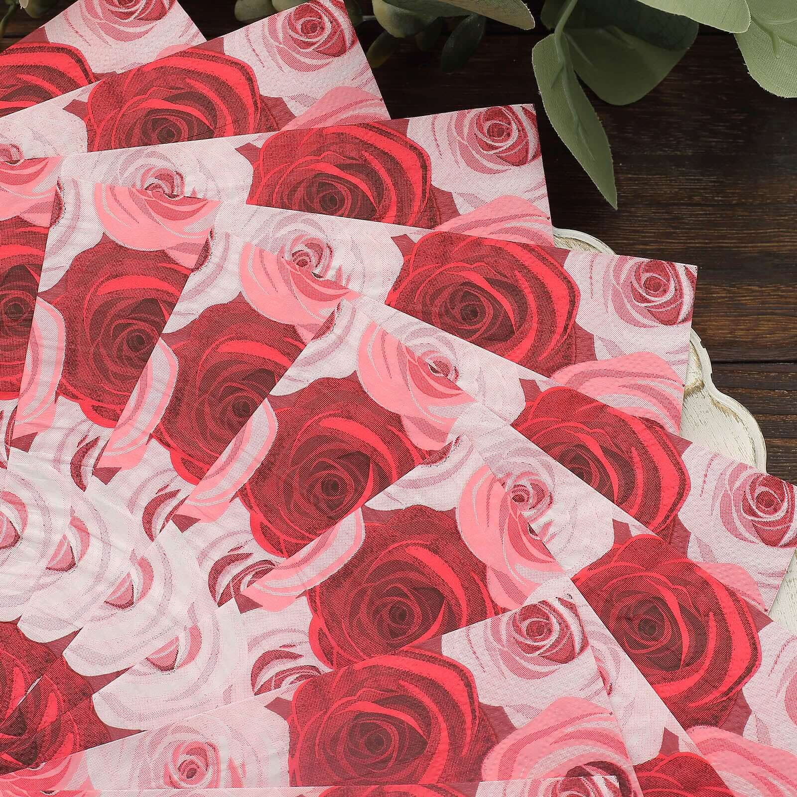 50-Pack 2-Ply Soft 18GSM Red/Pink Floral Design Paper Beverage Napkins for Weddings