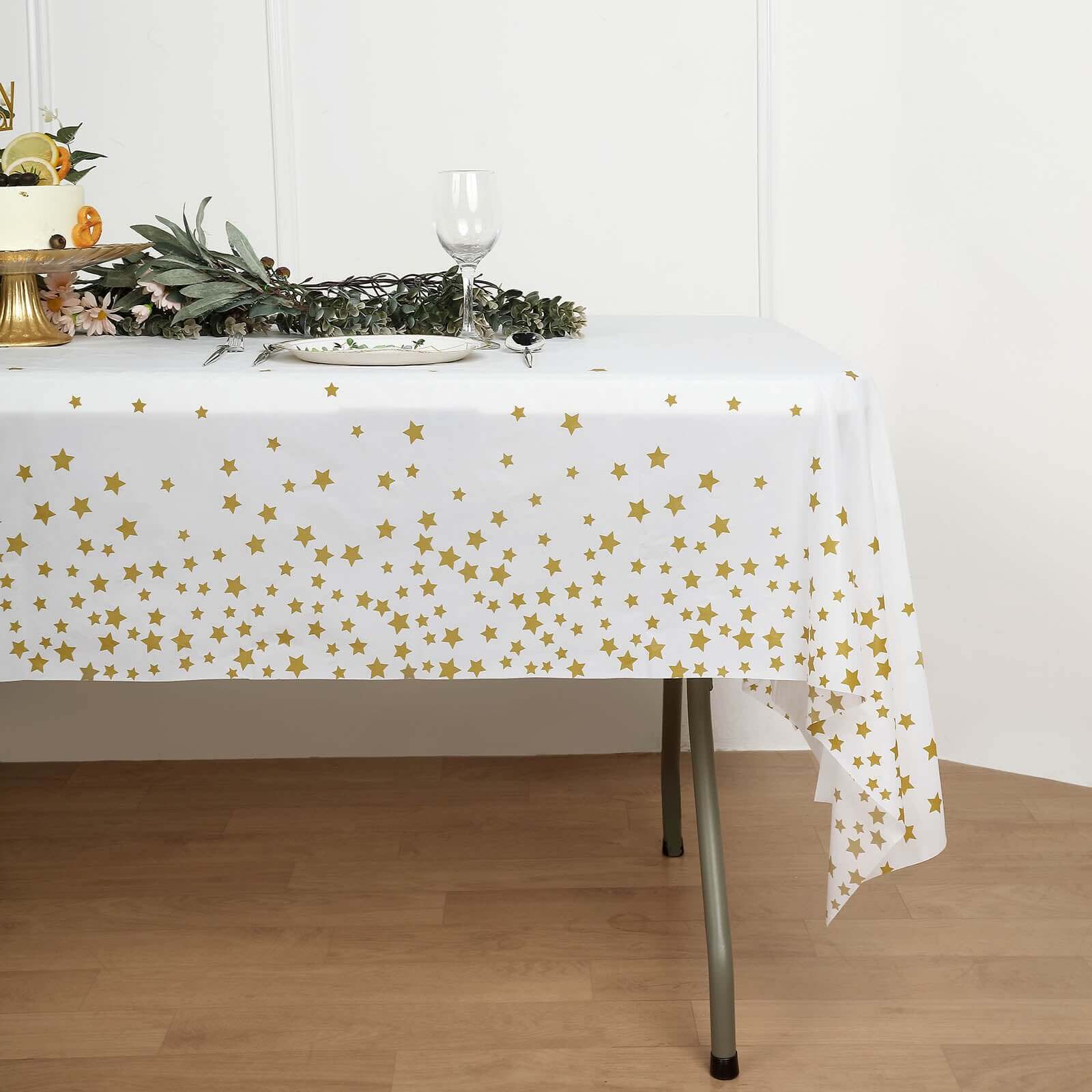 5-Pack Disposable White PVC Table Covers with Gold Stars, 54x108 Rectangle