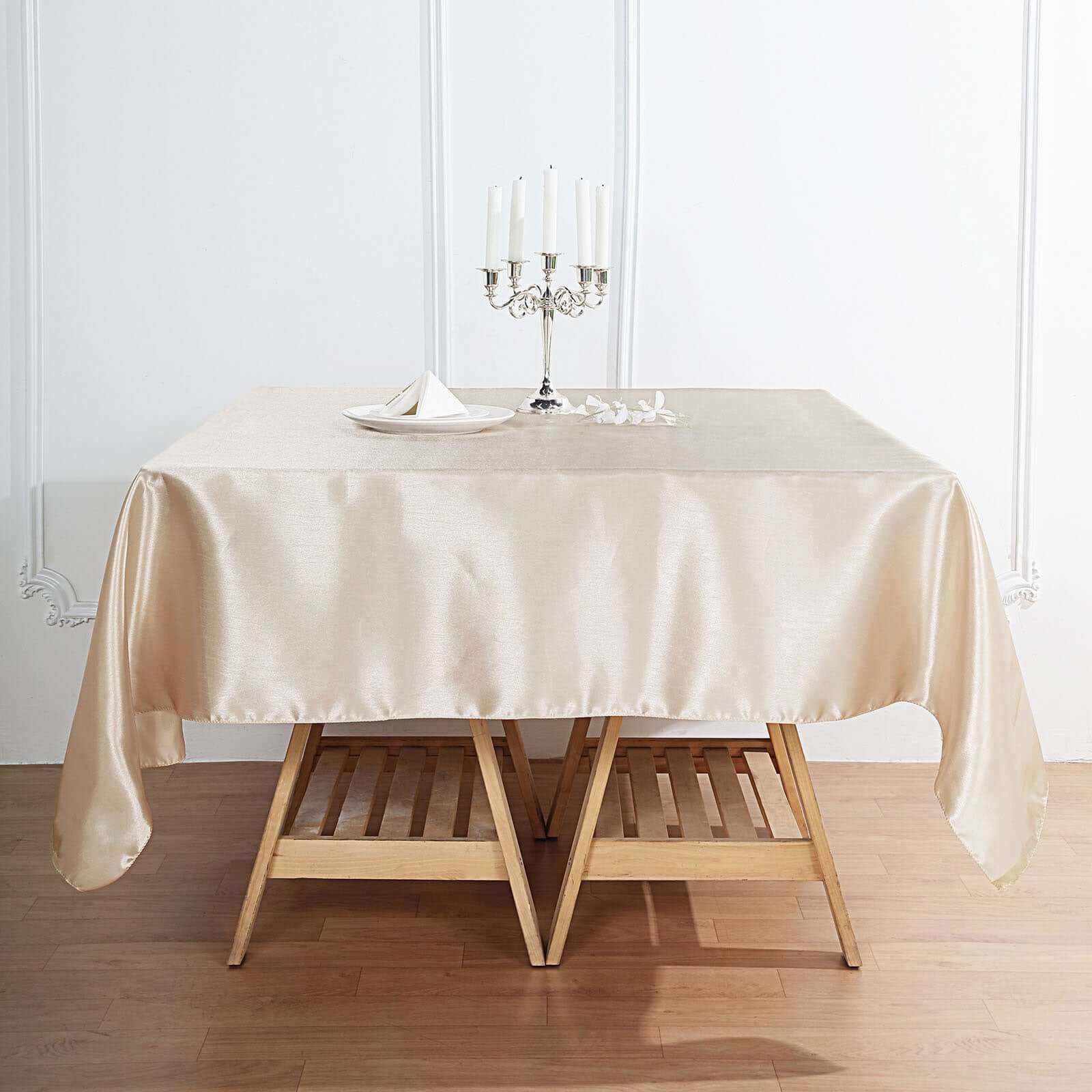 Beige Satin 60x60 Square Table Overlay - Smooth & Silky Table Cover, Great Deal