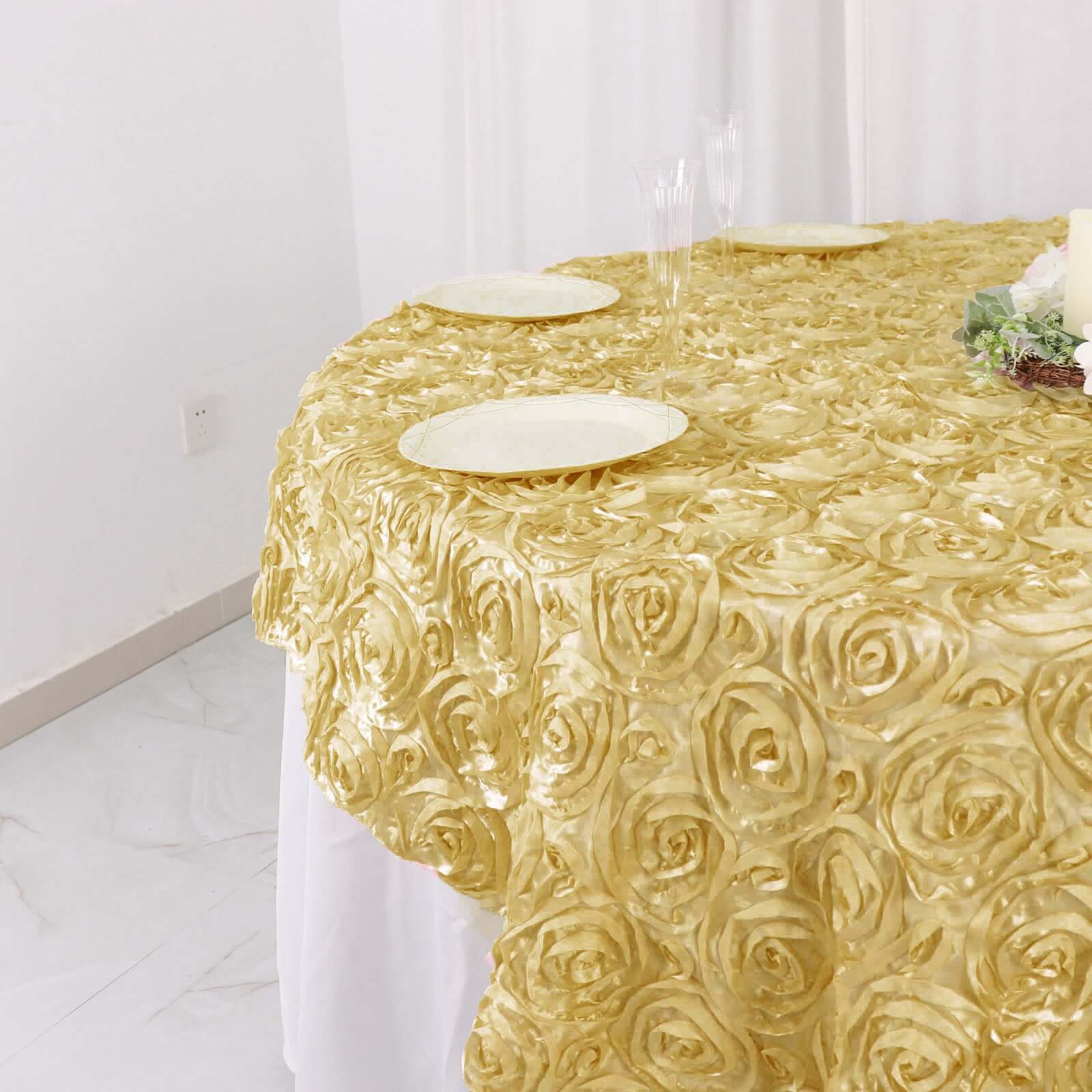 Champagne Satin 72x72 3D Rosette Square Table Overlay - Great for Events