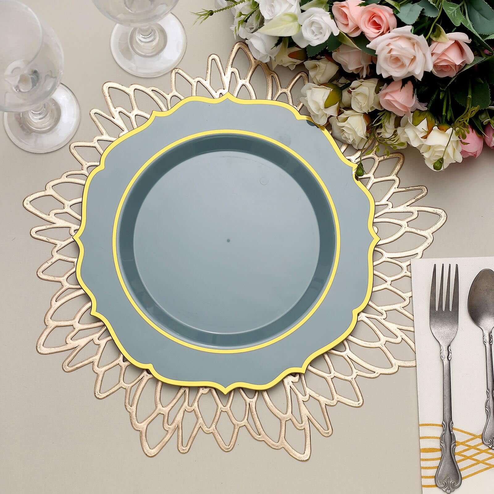 Get 10-Pack of Disposable Dusty Blue Plastic Round Dinner Plates with Gold Scalloped Rims for Party