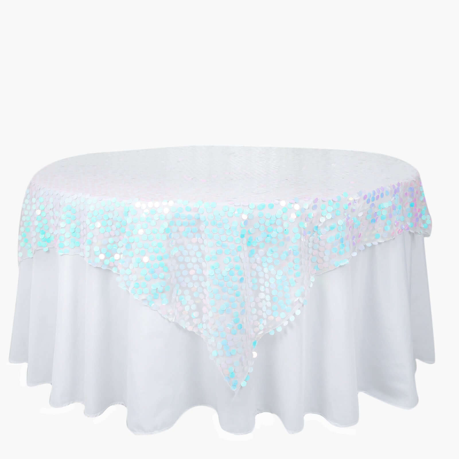 18mm Sequin 72x72 Square Table Overlay in Iridescent Blue for Big Tables