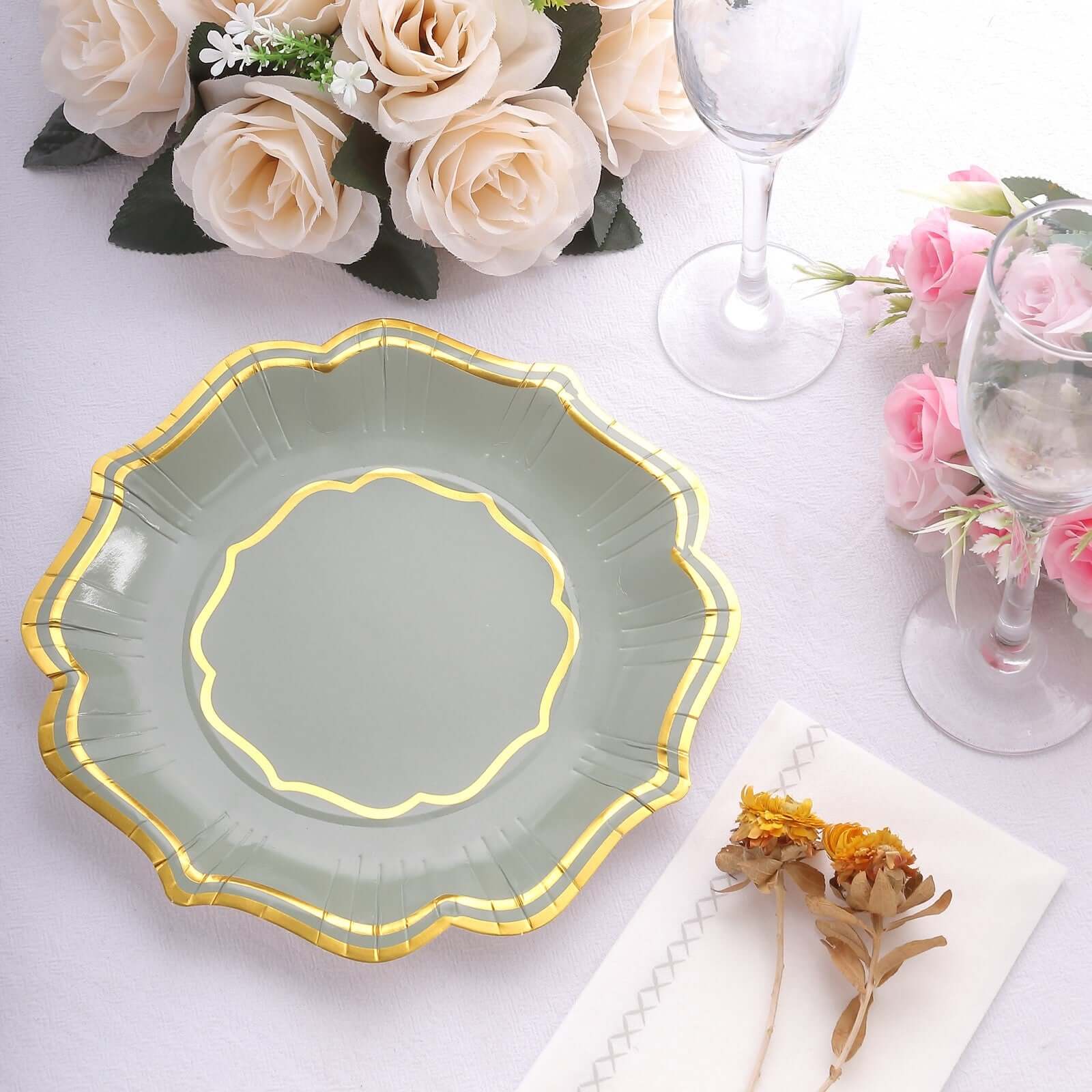25-Piece Disposable 300GSM Sage Green Paper Dessert Plates with Gold Scalloped Edge, 8 Inches