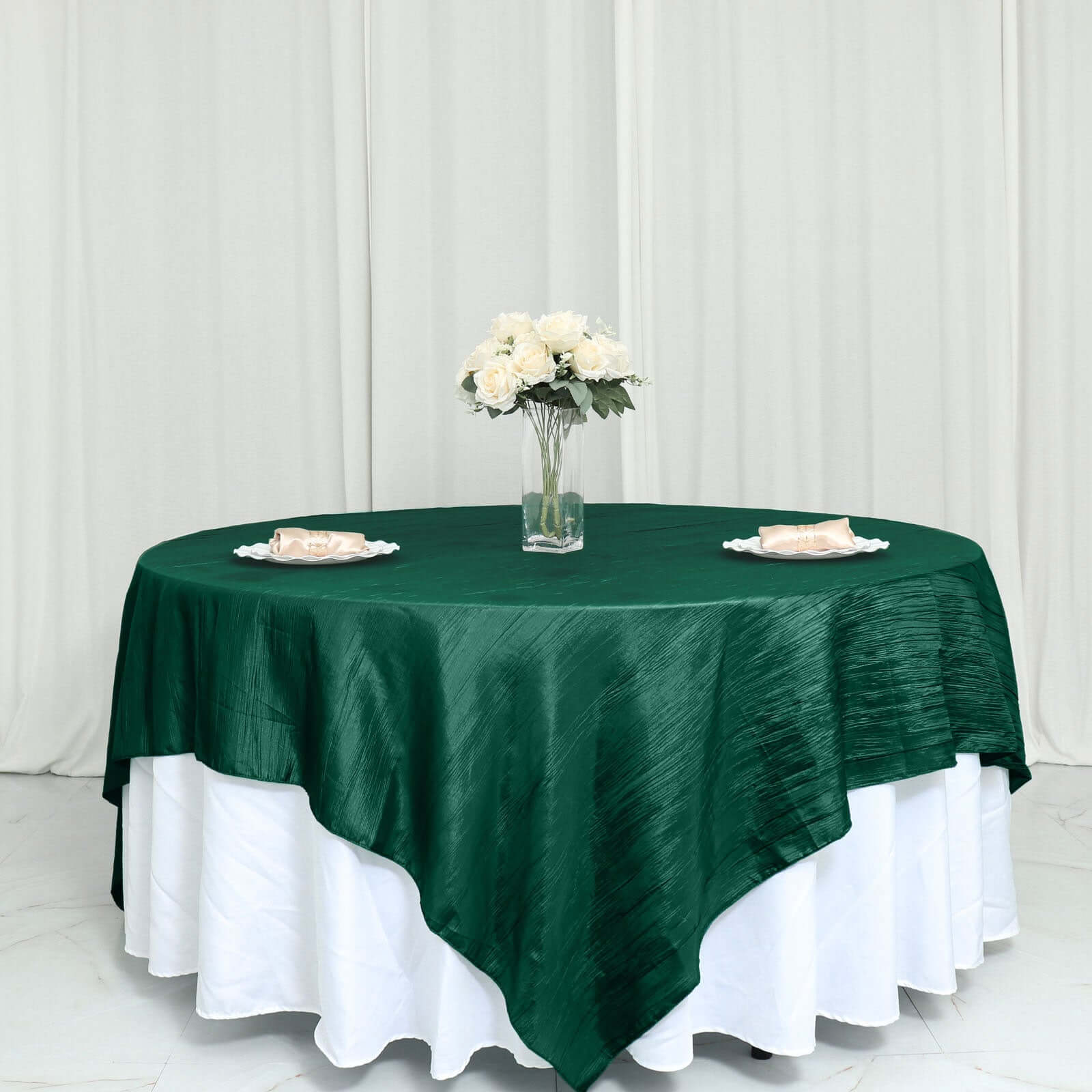 Hunter Emerald Green 90x90 Square Accordion Crinkle Taffeta Table Overlay