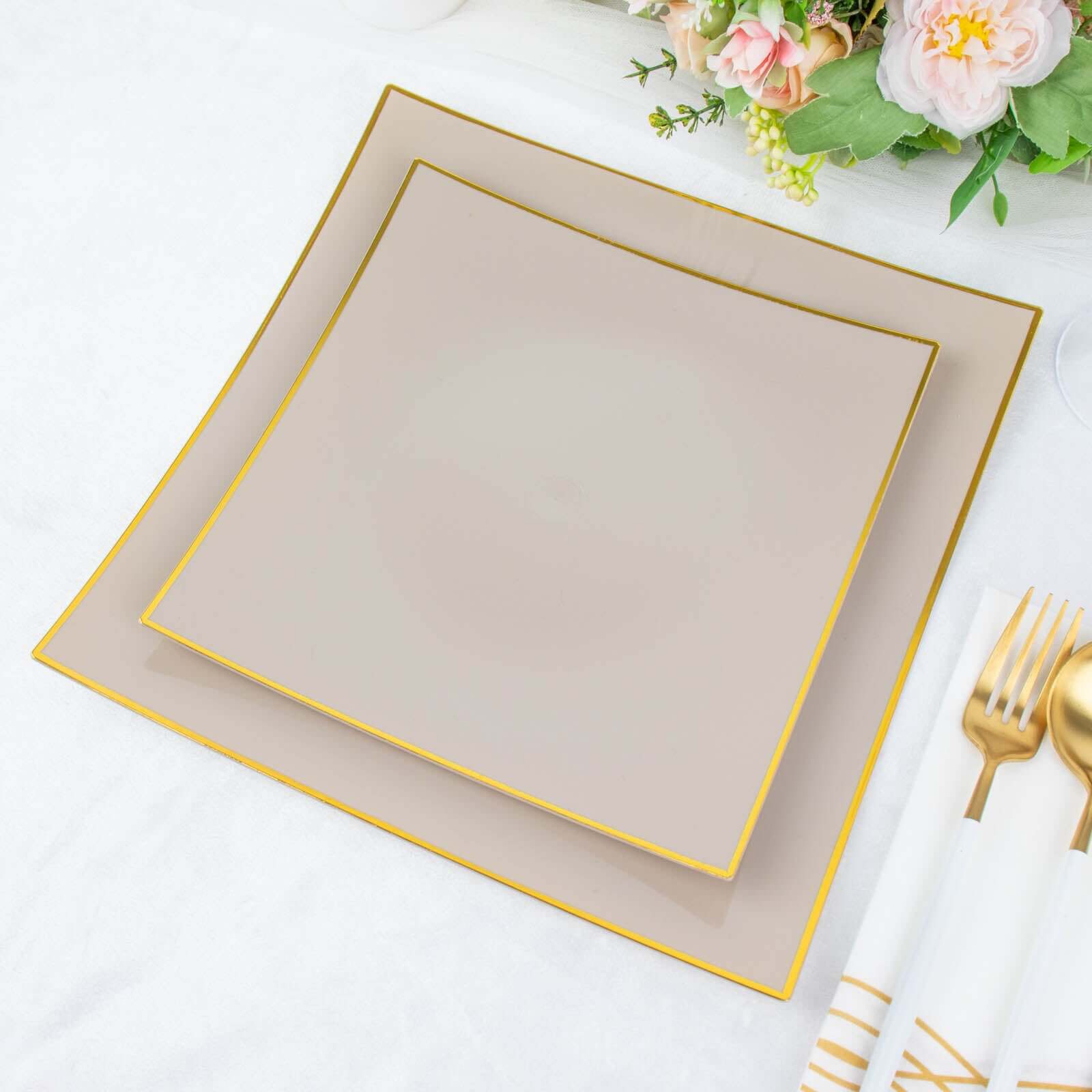 10-Pack Disposable Taupe Plastic Square Dessert Plates with Gold Rim - Ideal for Parties