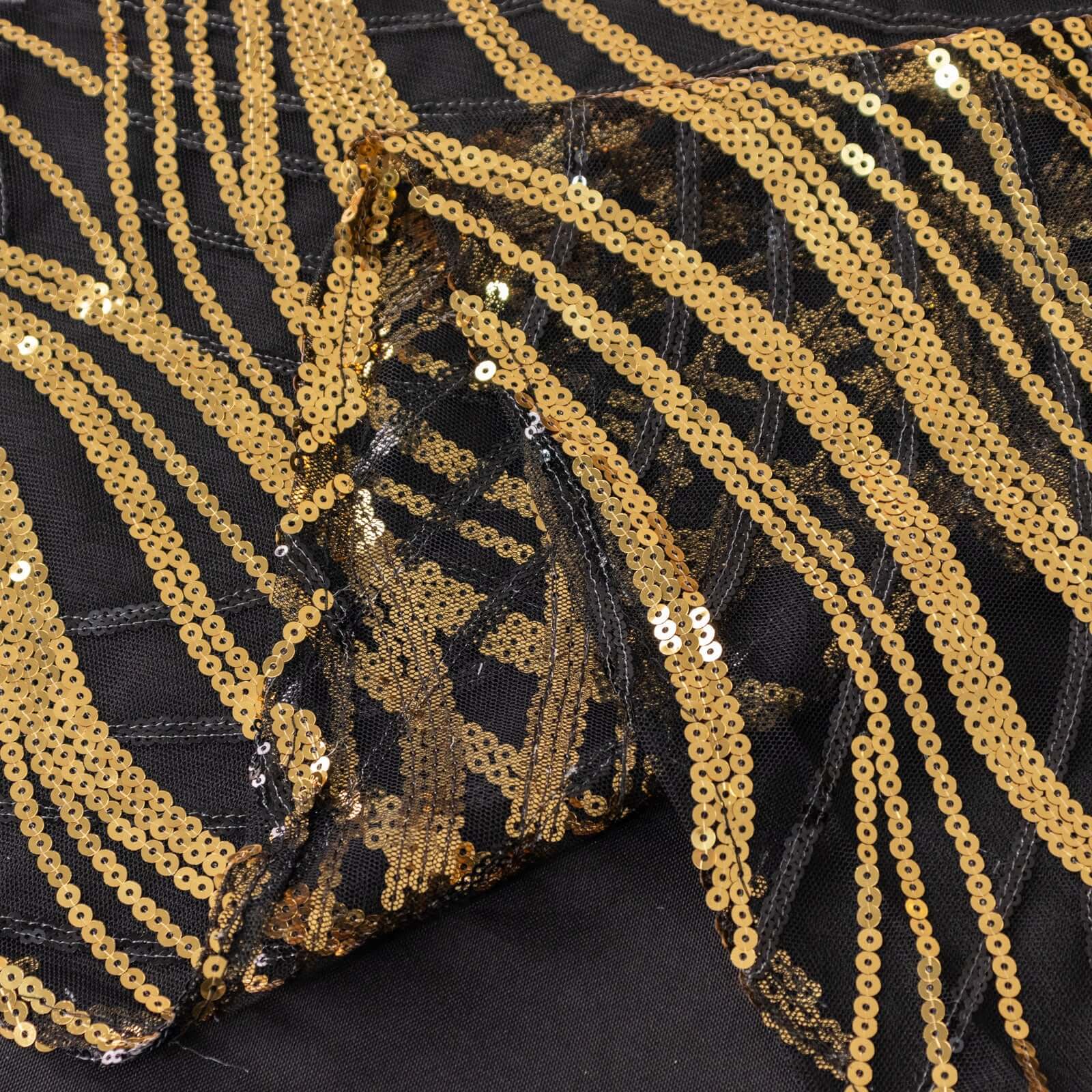 Black Gold Square Mesh Table Overlay with Wave Embroidered Sequins - Exclusive Offer