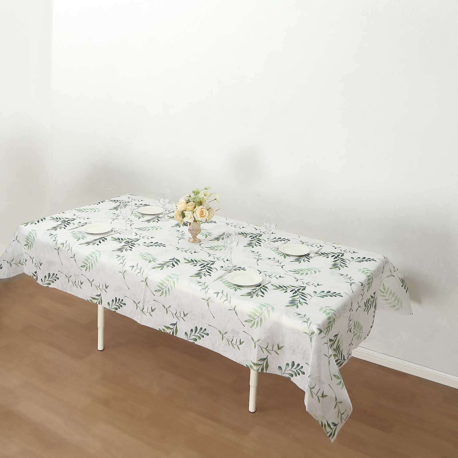 Hot Deal! Disposable Non-Woven Rectangle Tablecloth in White/Green with Olive Leaves Print, 60x102 for Summer