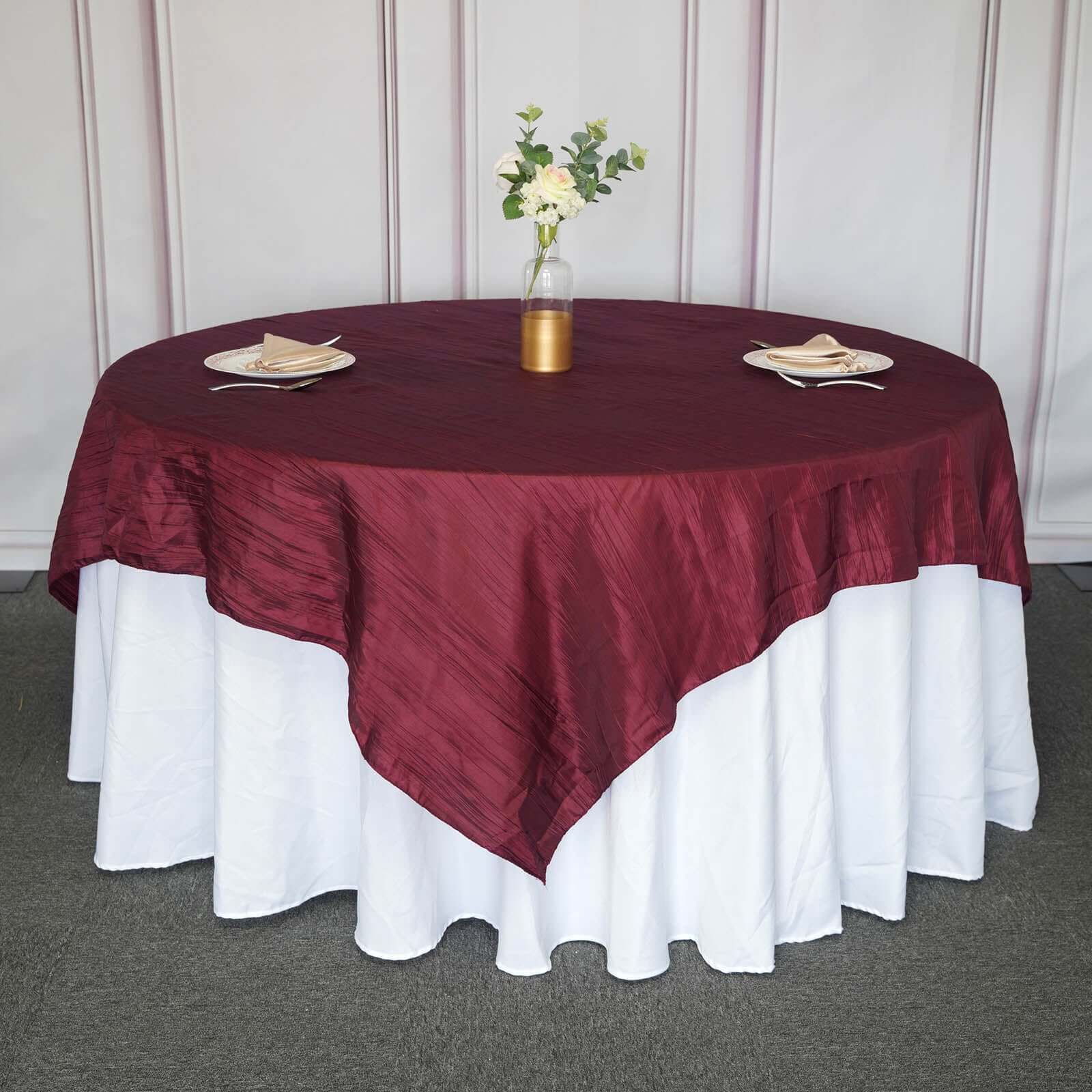 Burgundy 90x90 Square Crinkle Taffeta Accordion Table Overlay Tablecloth
