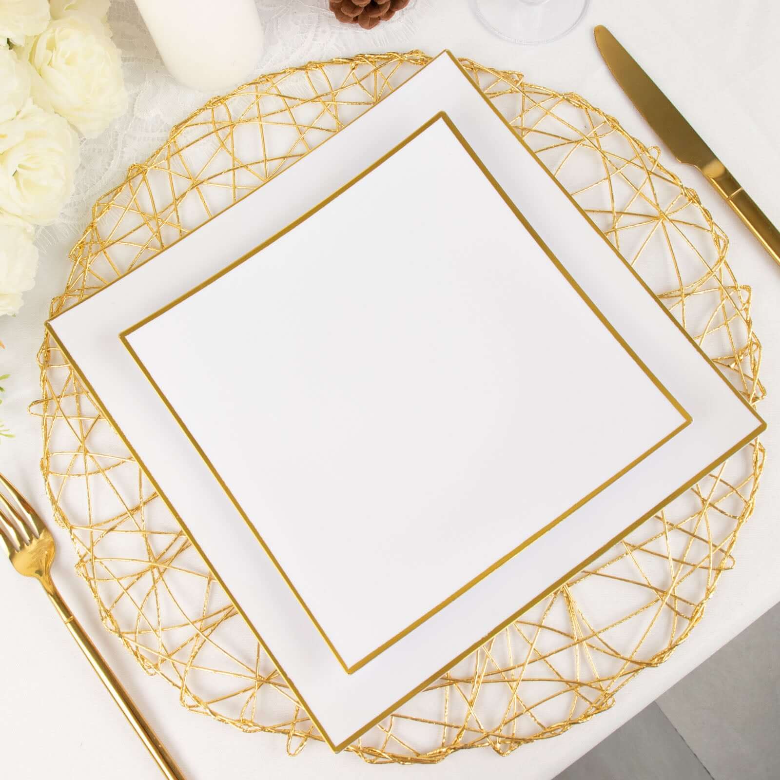 10-Piece White Concave Square Plastic Dinner Plates with Gold Rim - Disposable for Weddings & Special Events