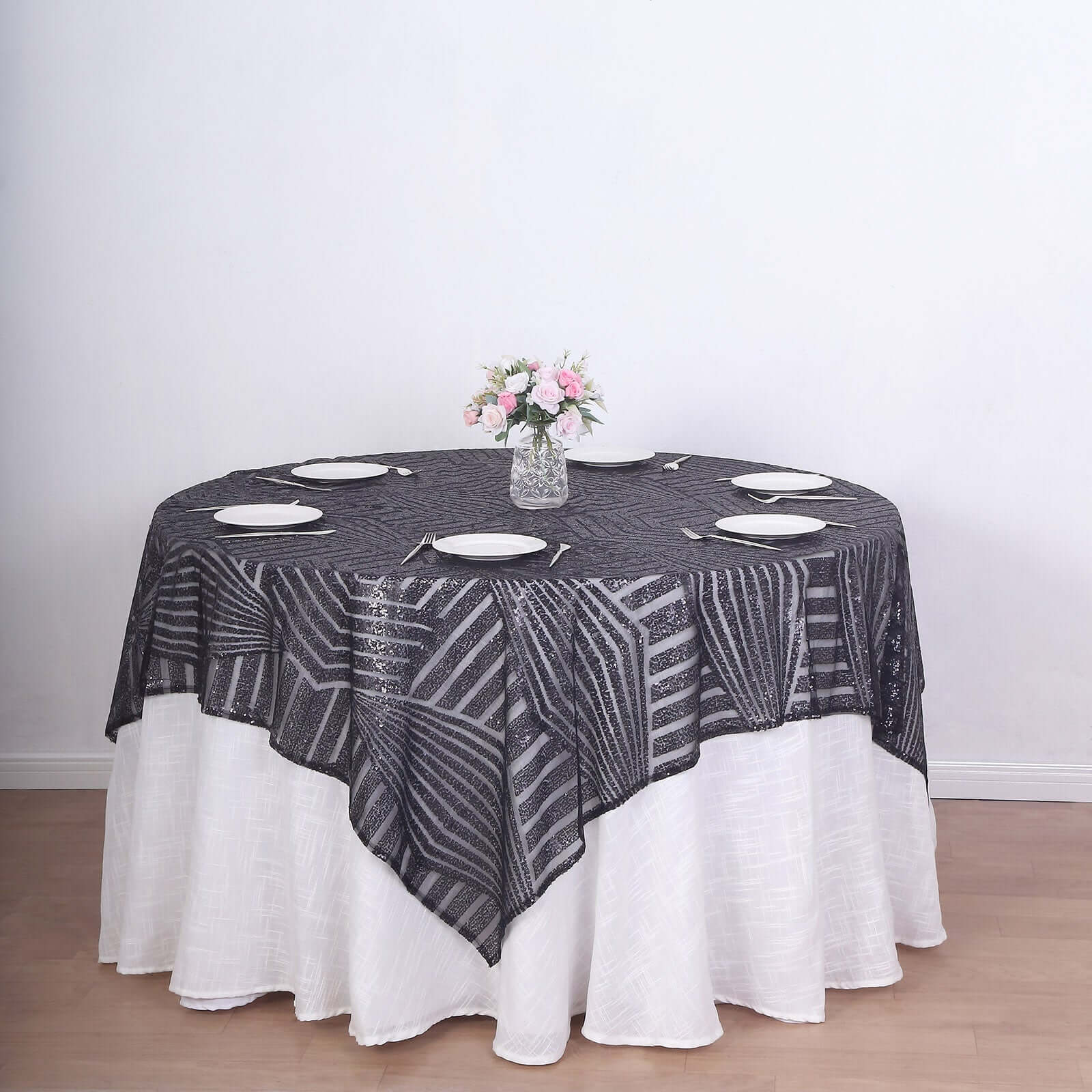 Black Diamond Glitz Sequin 72 Square Table Overlay Tablecloth