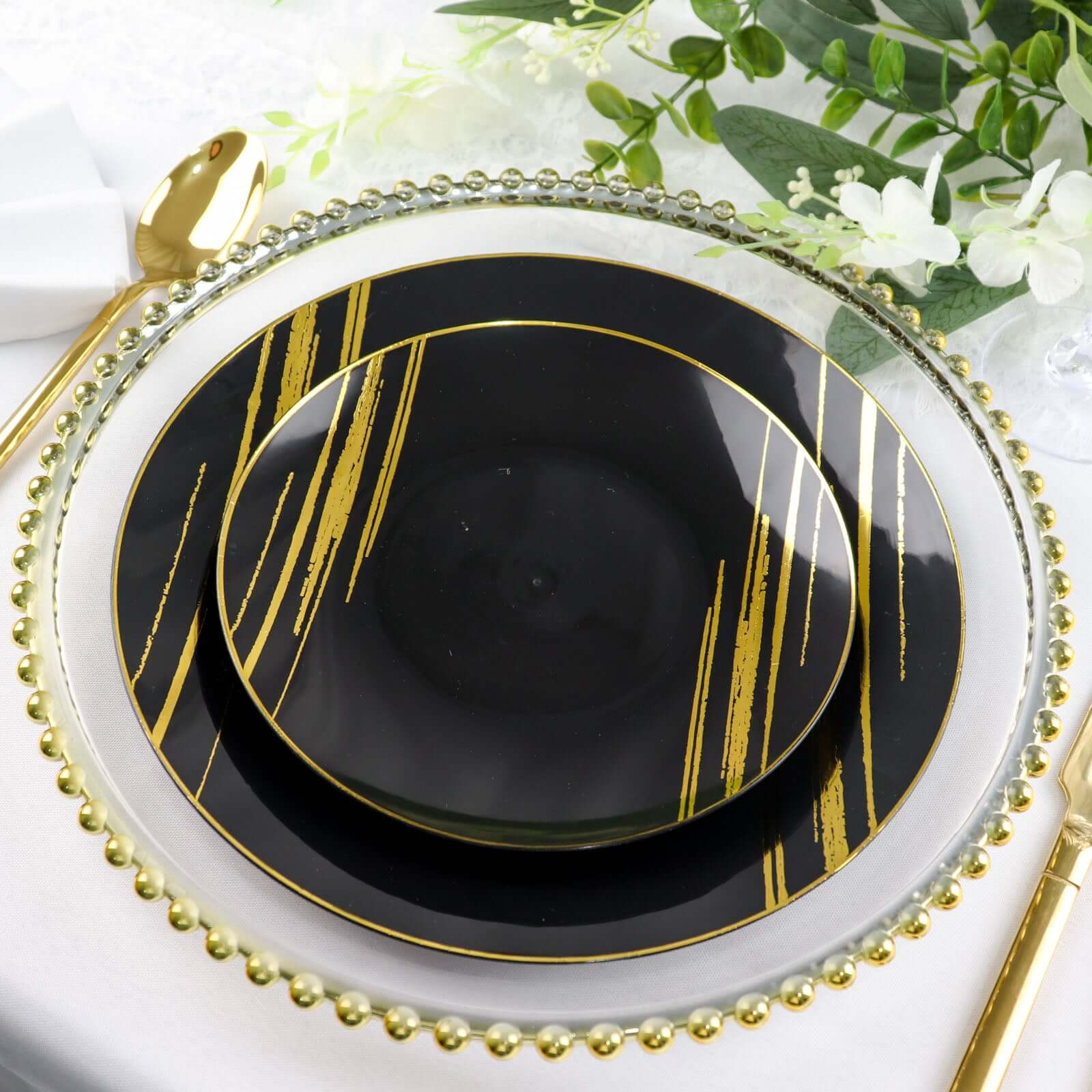 Hot Deal! 10-Pack Disposable Black Plastic Round Dinner Plates with Gold Brush Print