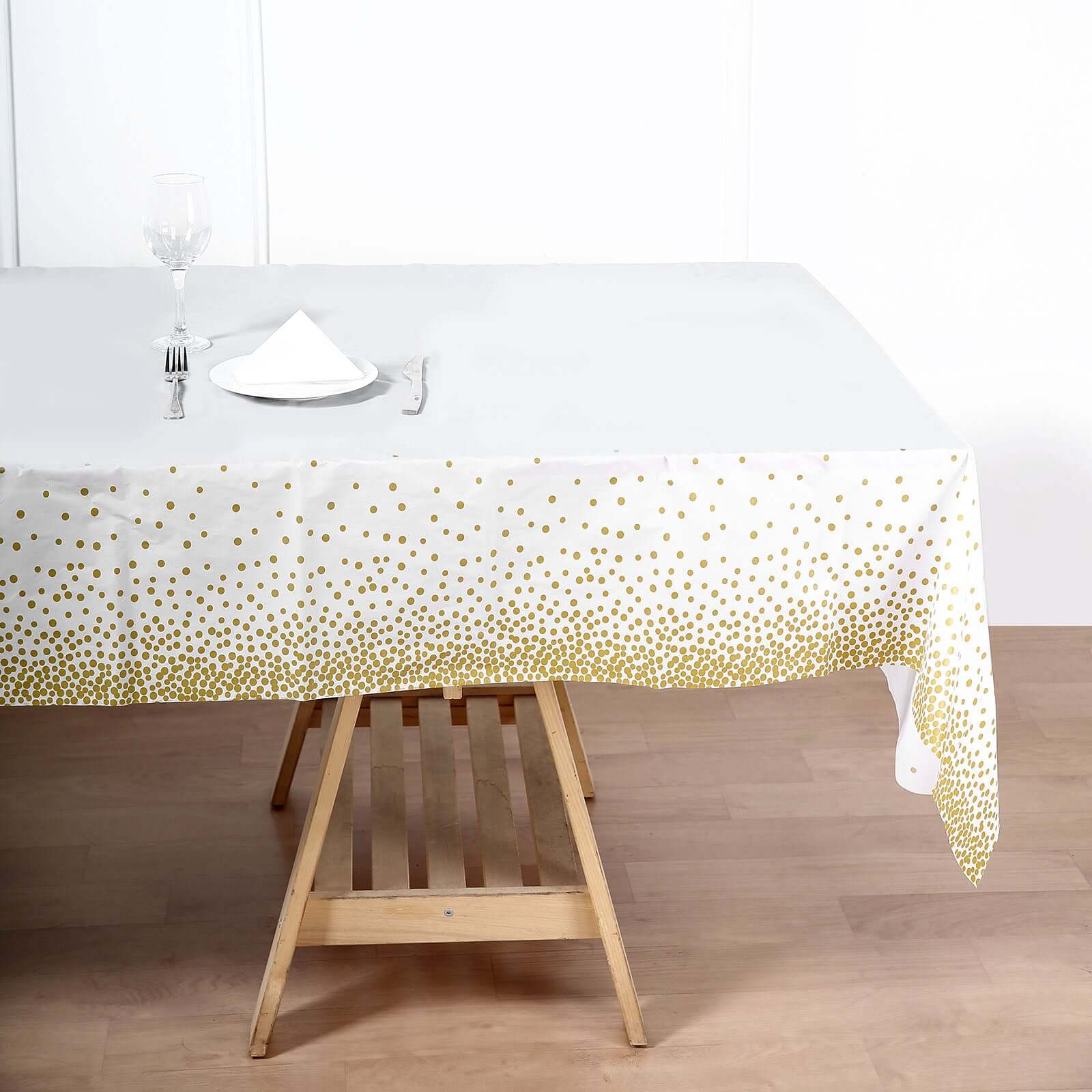 5-Pack Disposable PVC White Rectangle Table Covers with Gold Confetti Dots - Ideal for Events