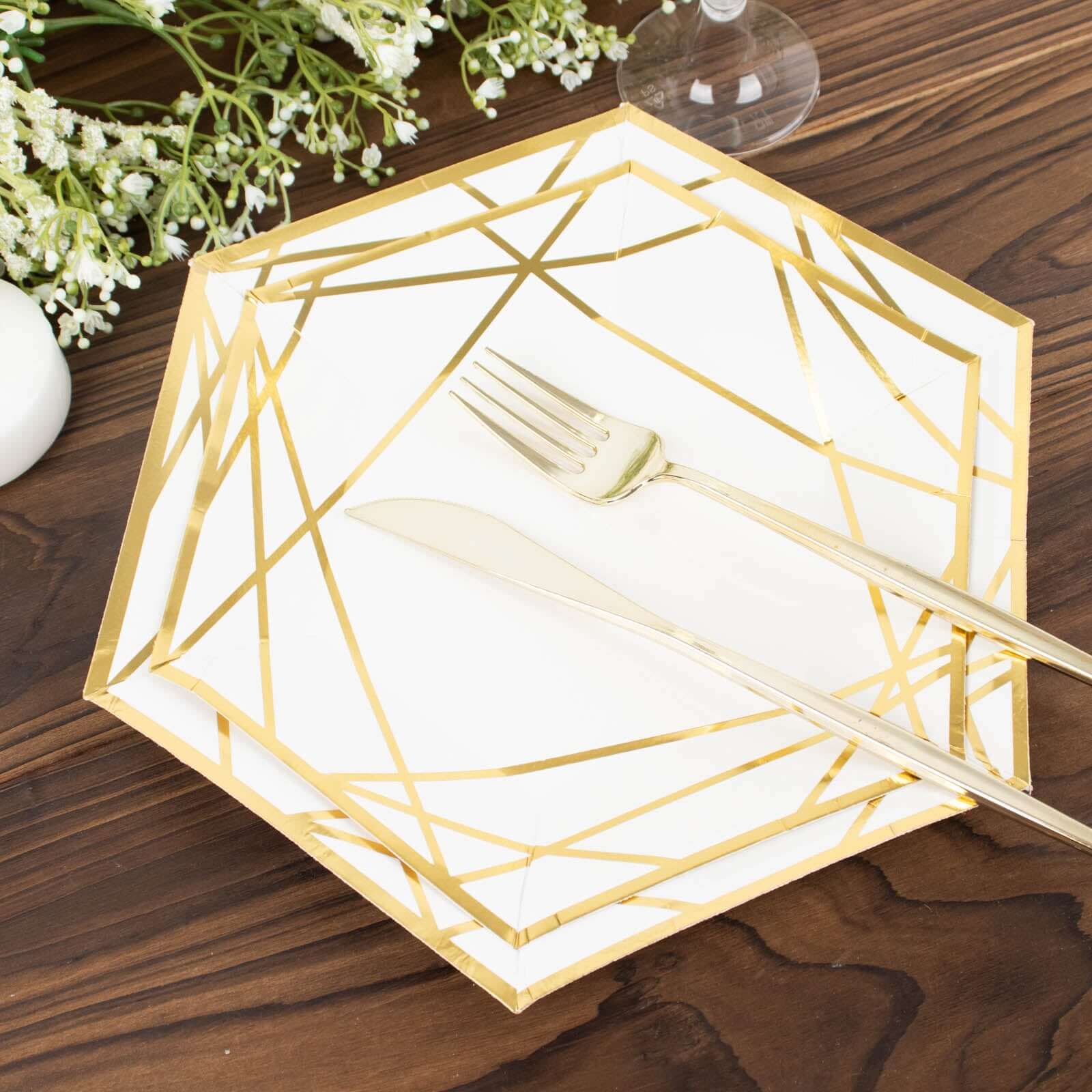Hot Deal! 25-Pack White & Gold Geometric Hexagon Disposable Paper Dessert Plates for Events
