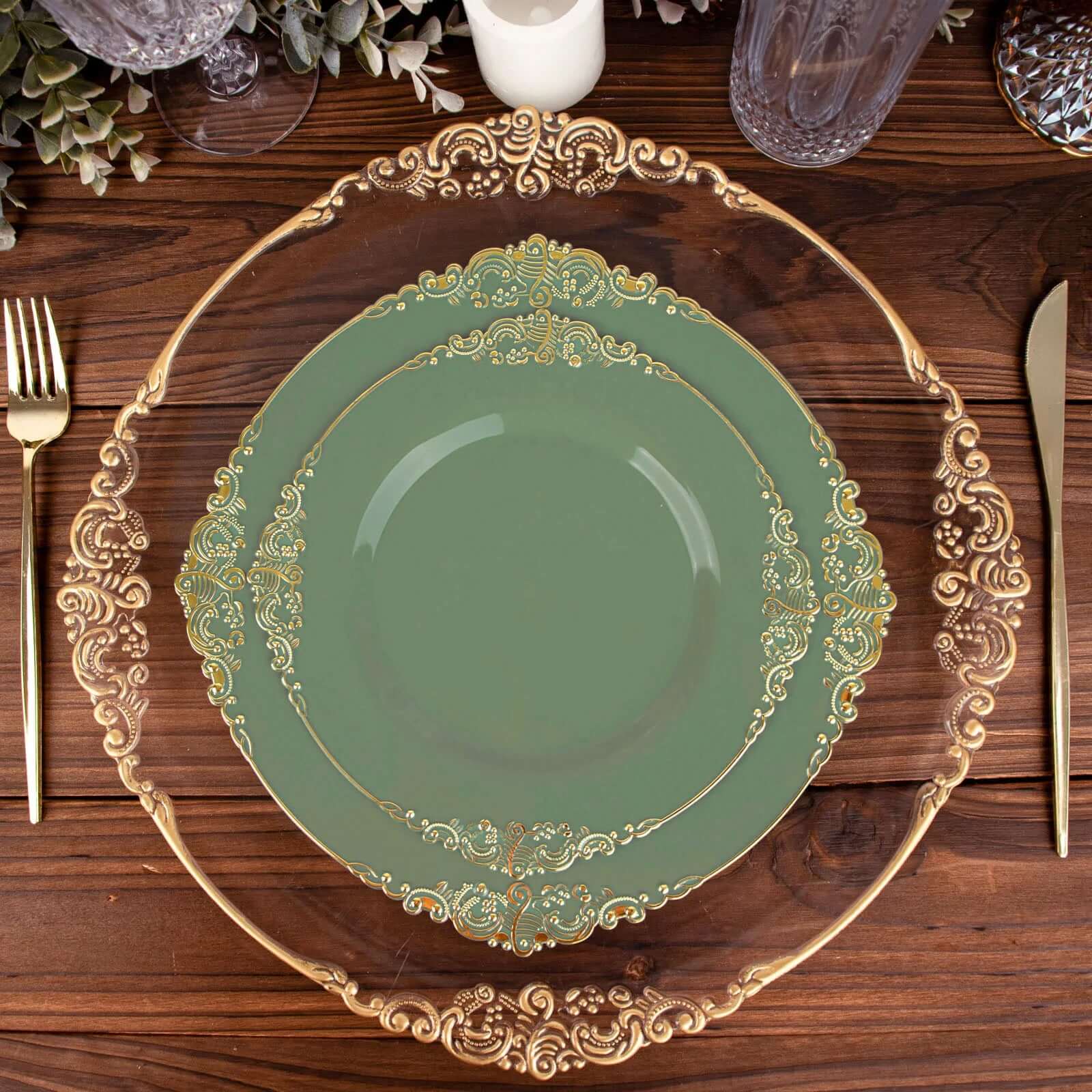 10-Pack Disposable Vintage Baroque Style Plastic Round Salad Dessert Plates in Dusty Sage Green with Gold Leaf Rim