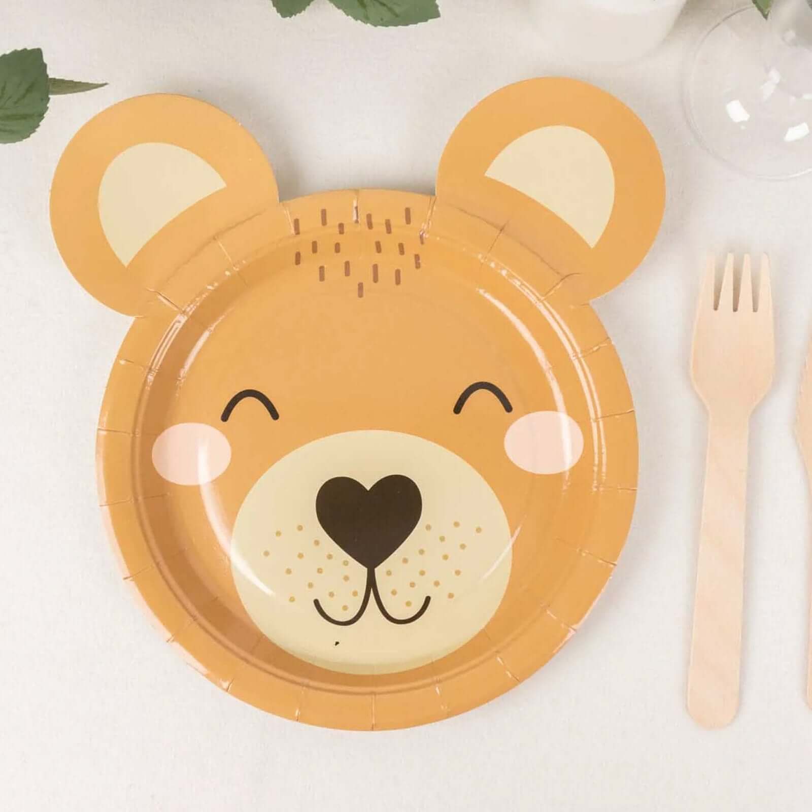 25-Pack Disposable 300GSM Brown Round Paper Plates with Cute Teddy Bear Print for Party