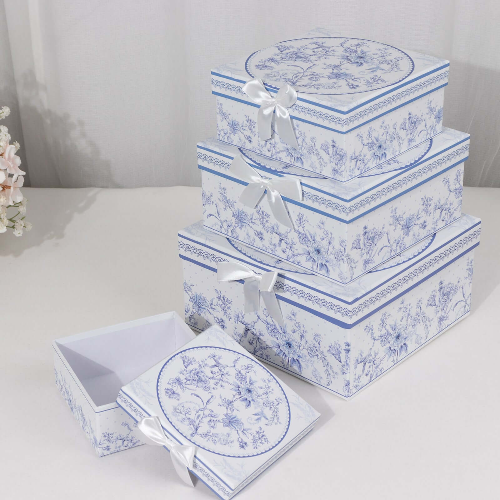 Hot! Set of 4 White & Blue French Toile Cardstock Nesting Gift Boxes - Stackable & Reusable