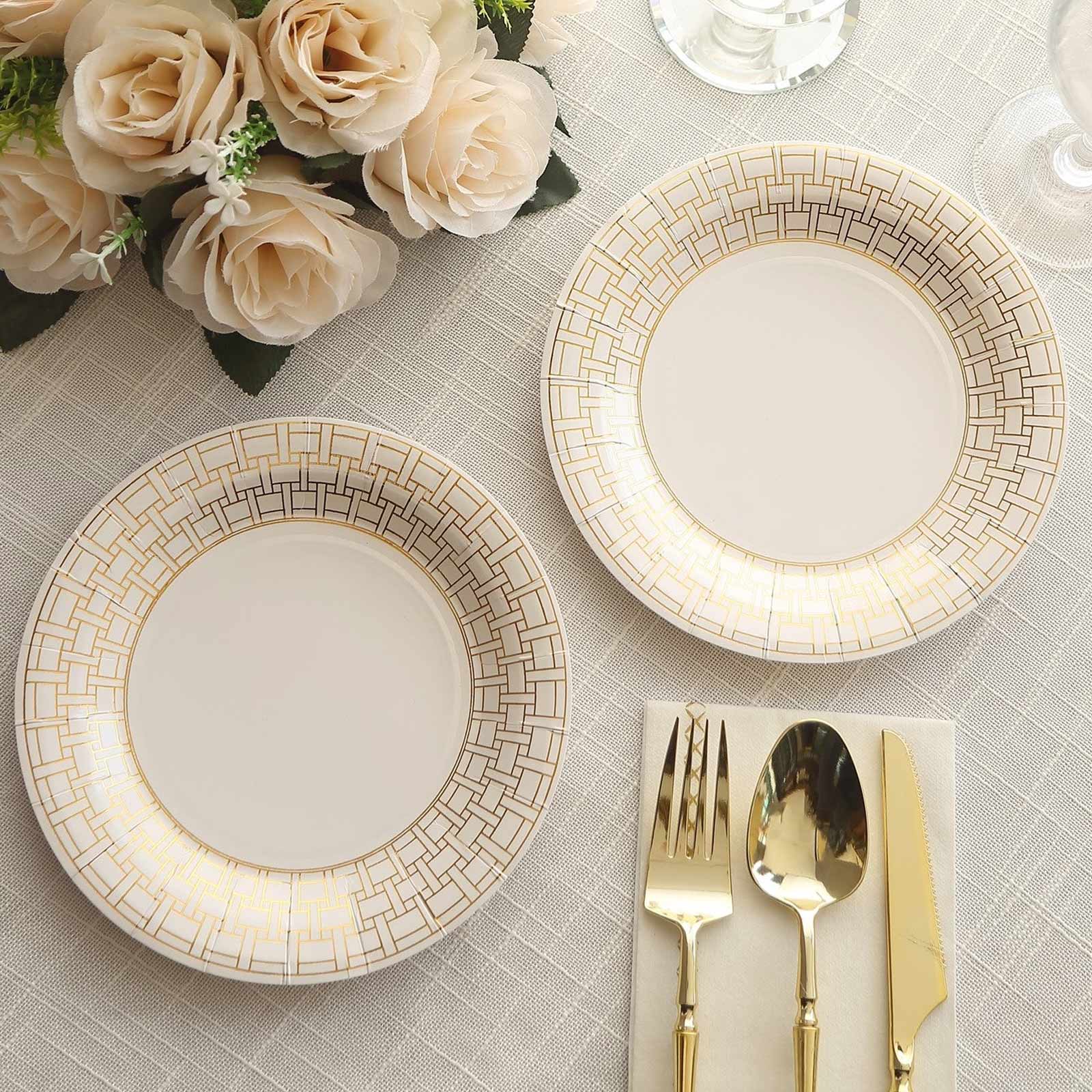25-Piece Set of White Round Dessert Paper Plates with Elegant Gold Basketweave Rim