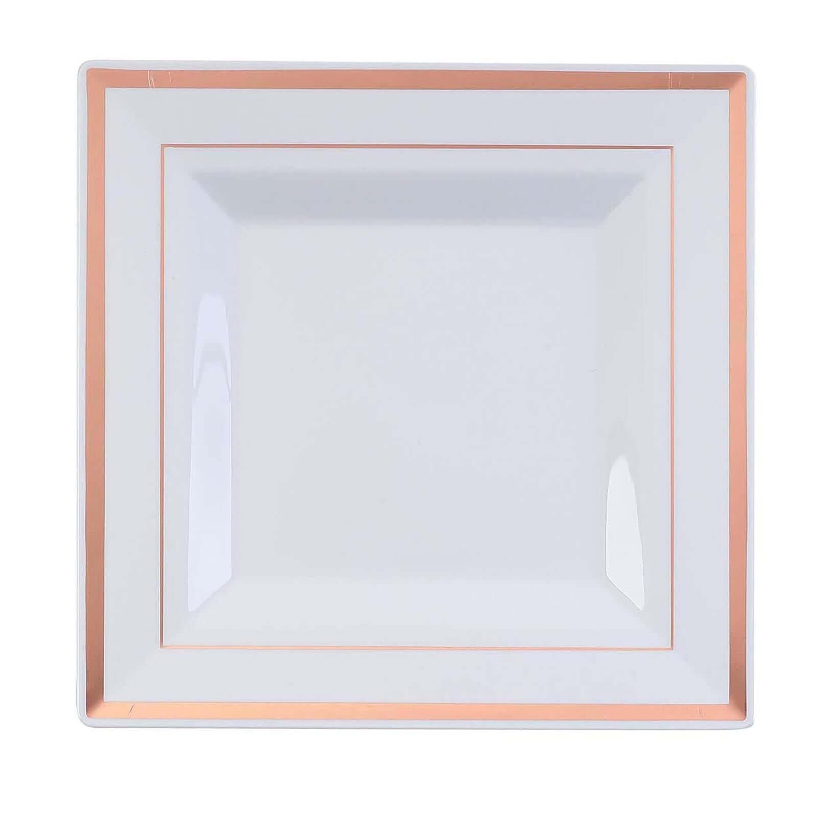 10-Piece Set of Durable Disposable White Square Salad & Dessert Plates with Rose Gold Trim, 7 Inches