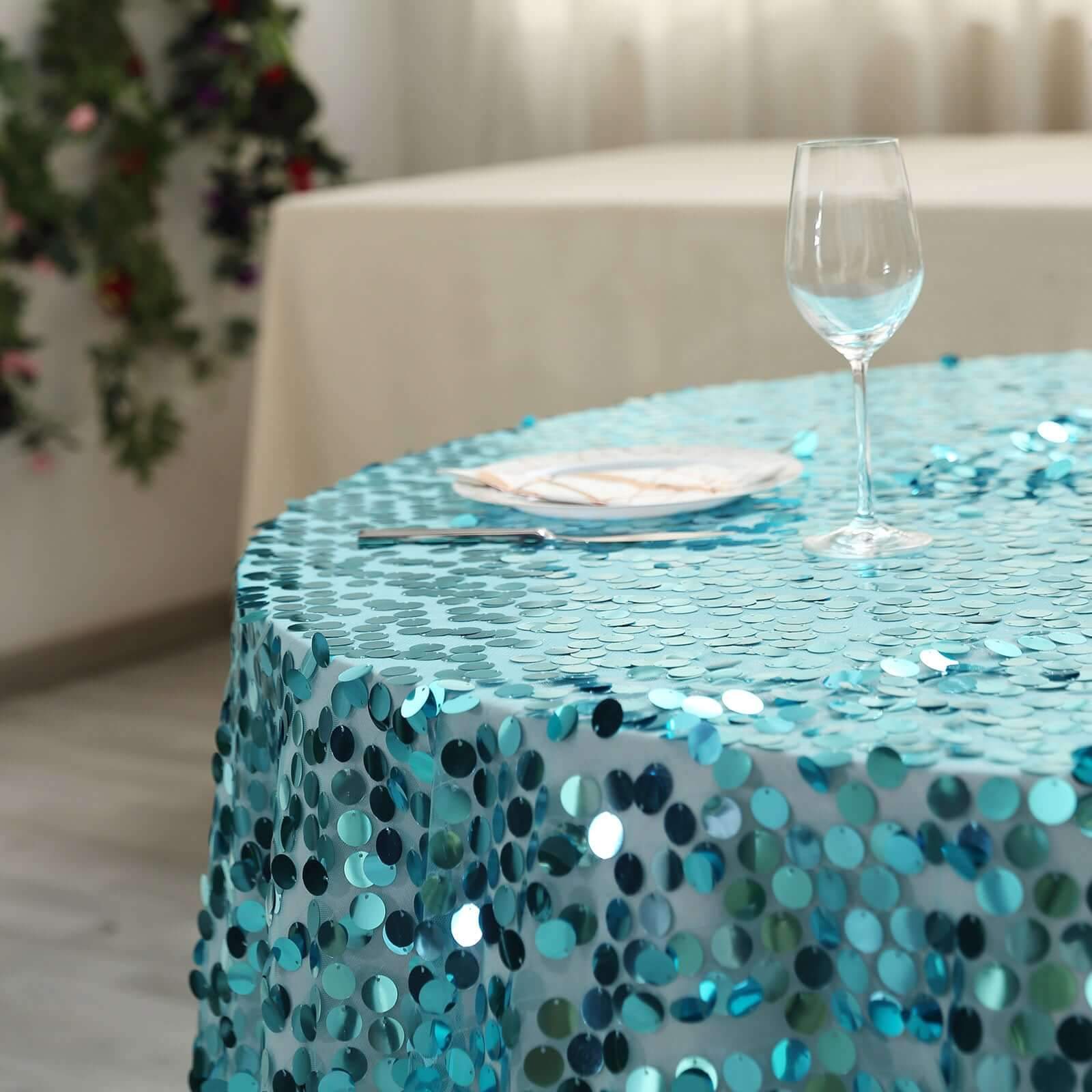 Big Sale! Turquoise Sequin Square Table Overlay, 72x72 Inches for Table Decoration