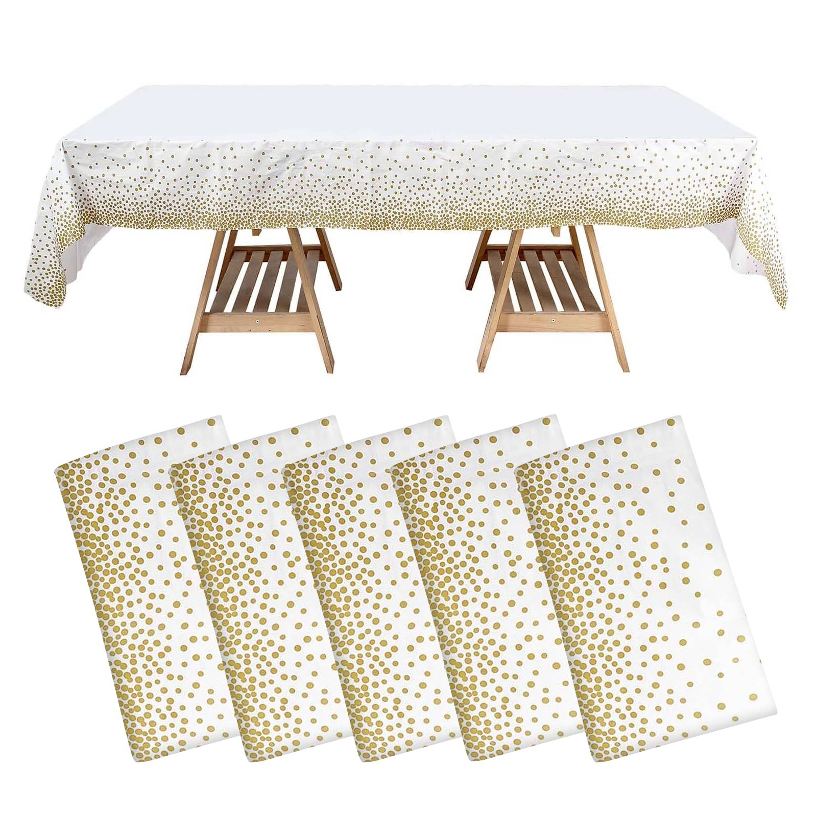 5-Pack Disposable PVC White Rectangle Table Covers with Gold Confetti Dots - Ideal for Events