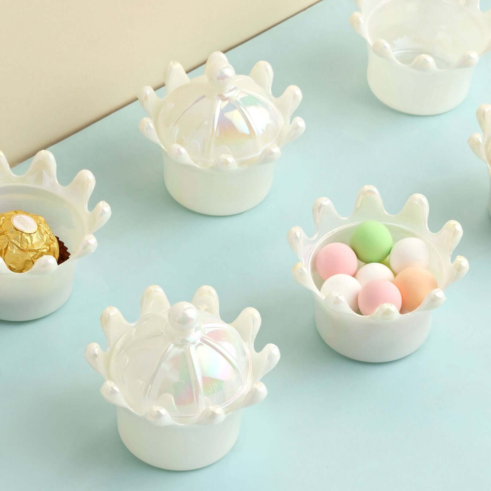 12-Pack White Mini Crown Treat Favor Boxes with Iridescent Dome Lids - Perfect for Parties!