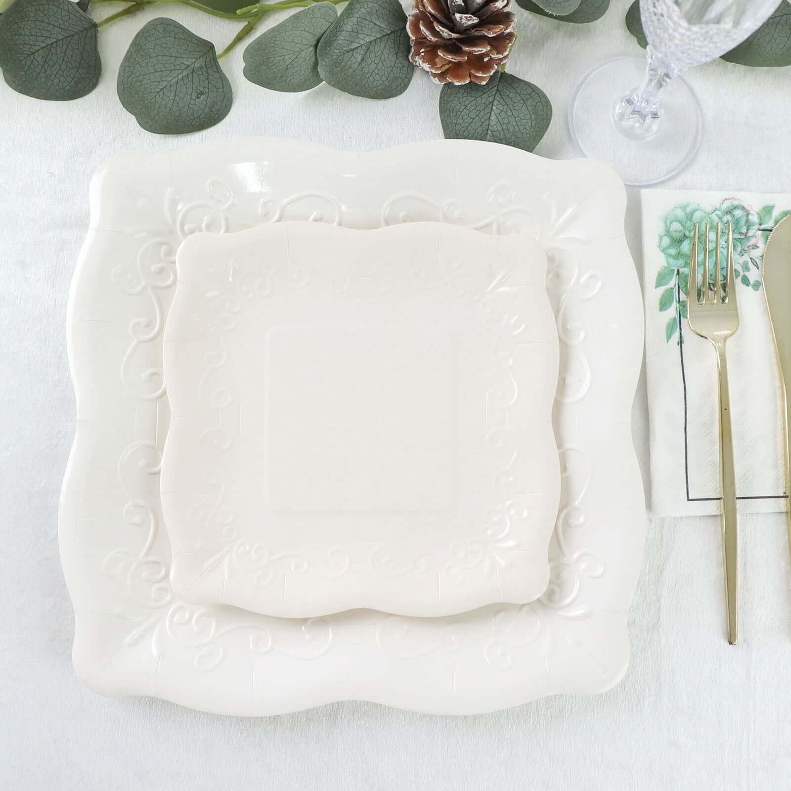 25-Pack White 7-Inch Square Disposable Dessert Plates with Vintage Pottery Embossed Design - Ideal for Special Events