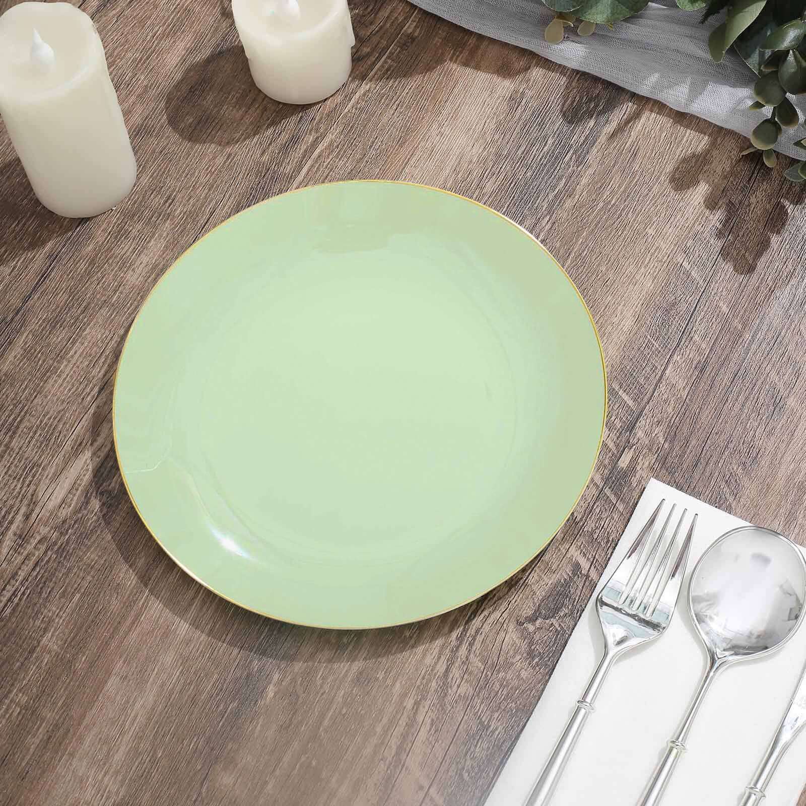 Hot Deal! 10-Pack 8" Sage Green Plastic Dessert Plates with Gold Rim - Disposable & Sturdy