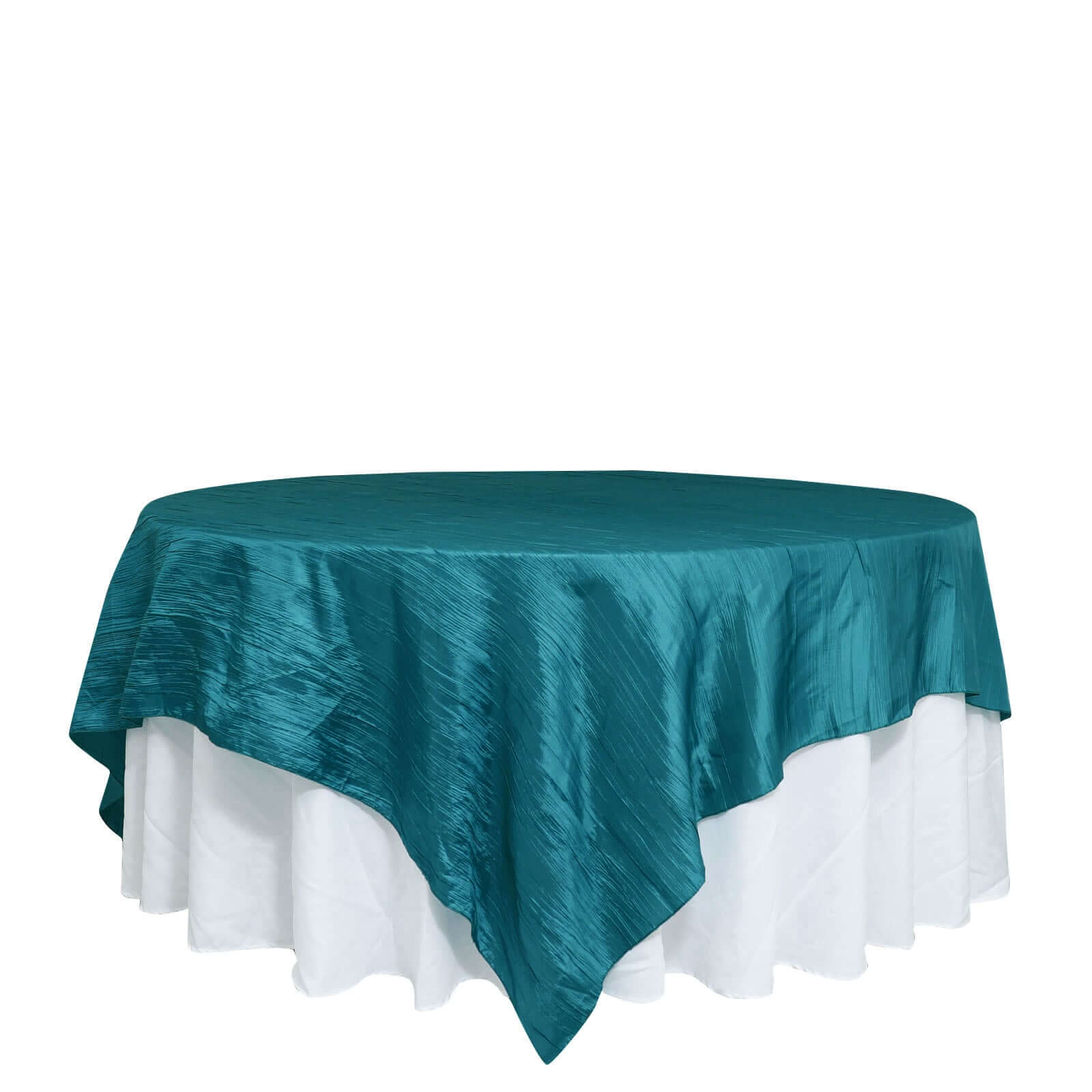 Exclusive Peacock Teal 90x90 Crinkle Taffeta Square Table Overlay