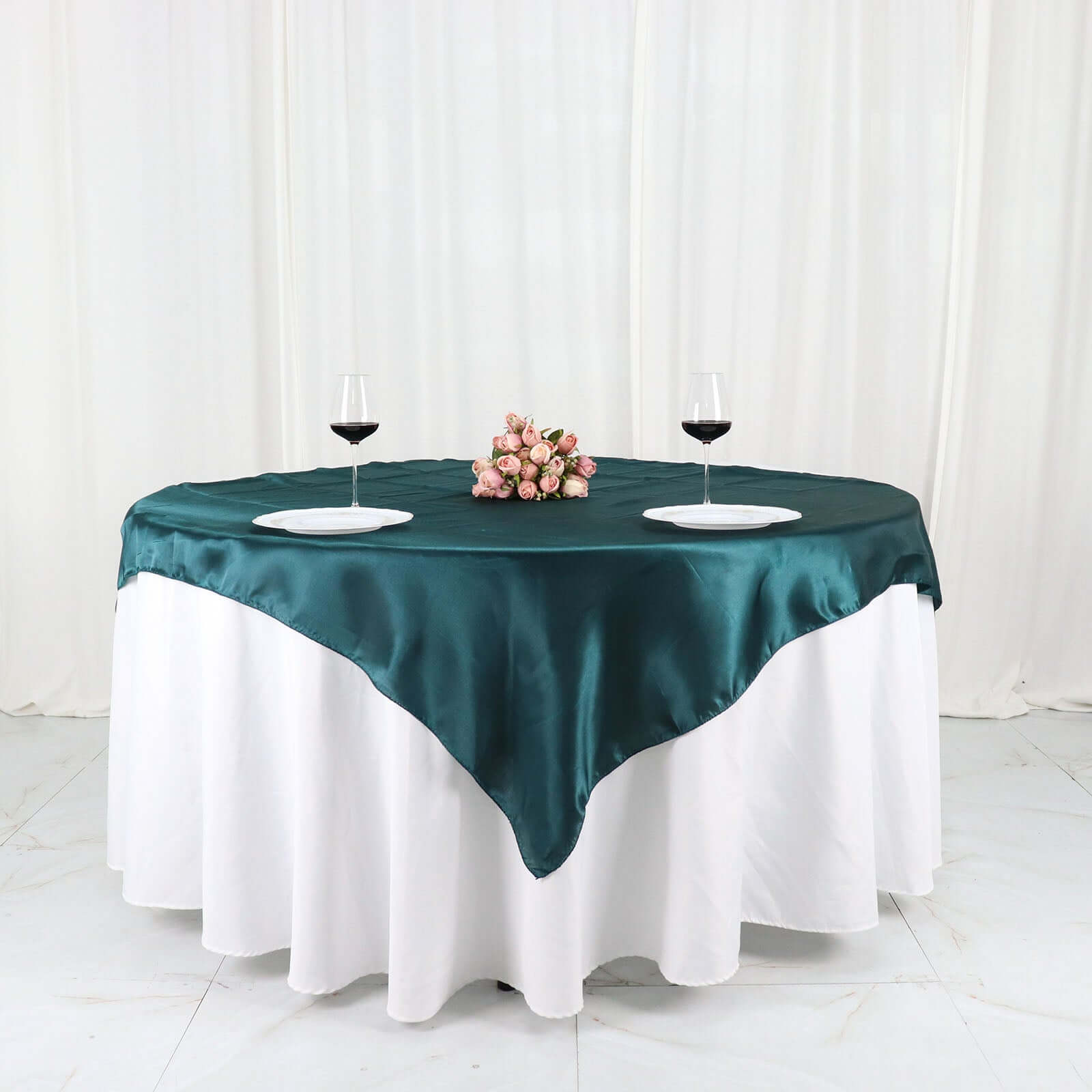 Peacock Teal Satin 60x60 Square Table Overlay with Smooth Silky Touch