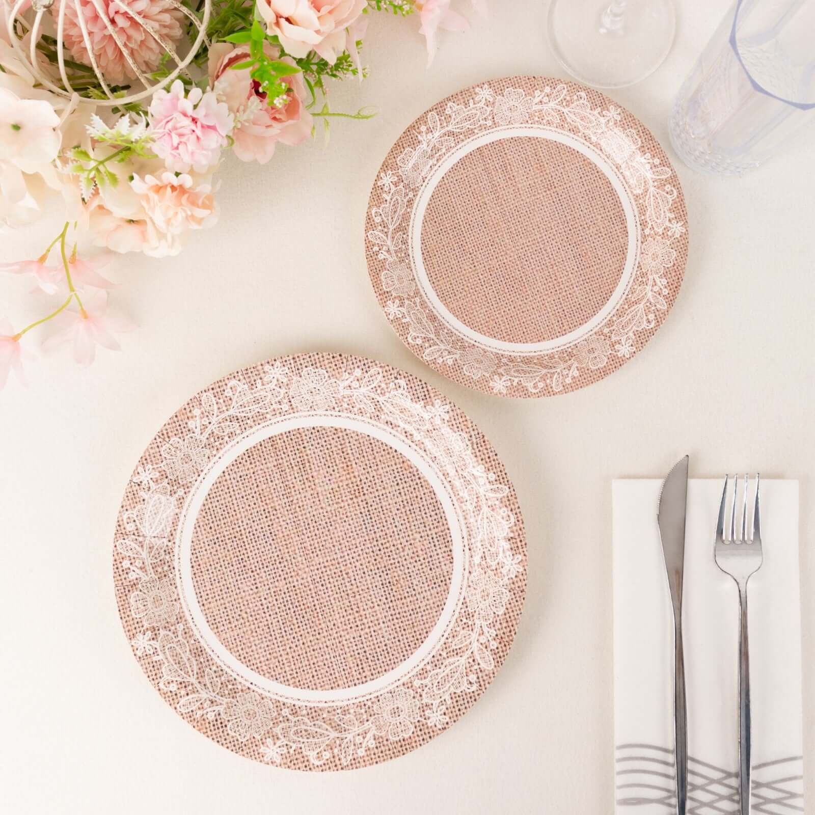 25-Pack 9-Inch Round Disposable Paper Dinner Plates with Natural Burlap & White Floral Lace Design