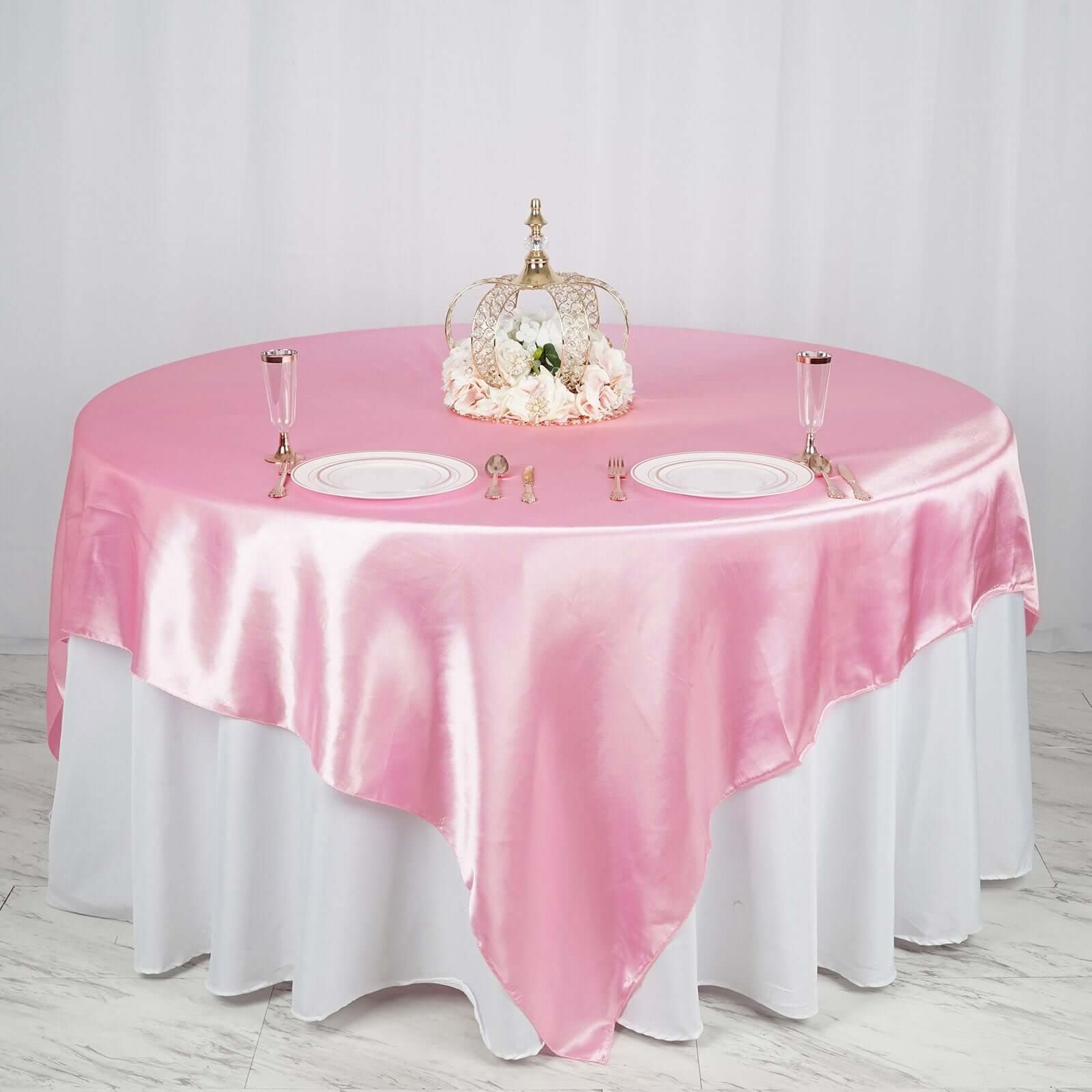 Pink Satin 90x90 Square Table Overlay - Smooth Finish Table Topper for Events