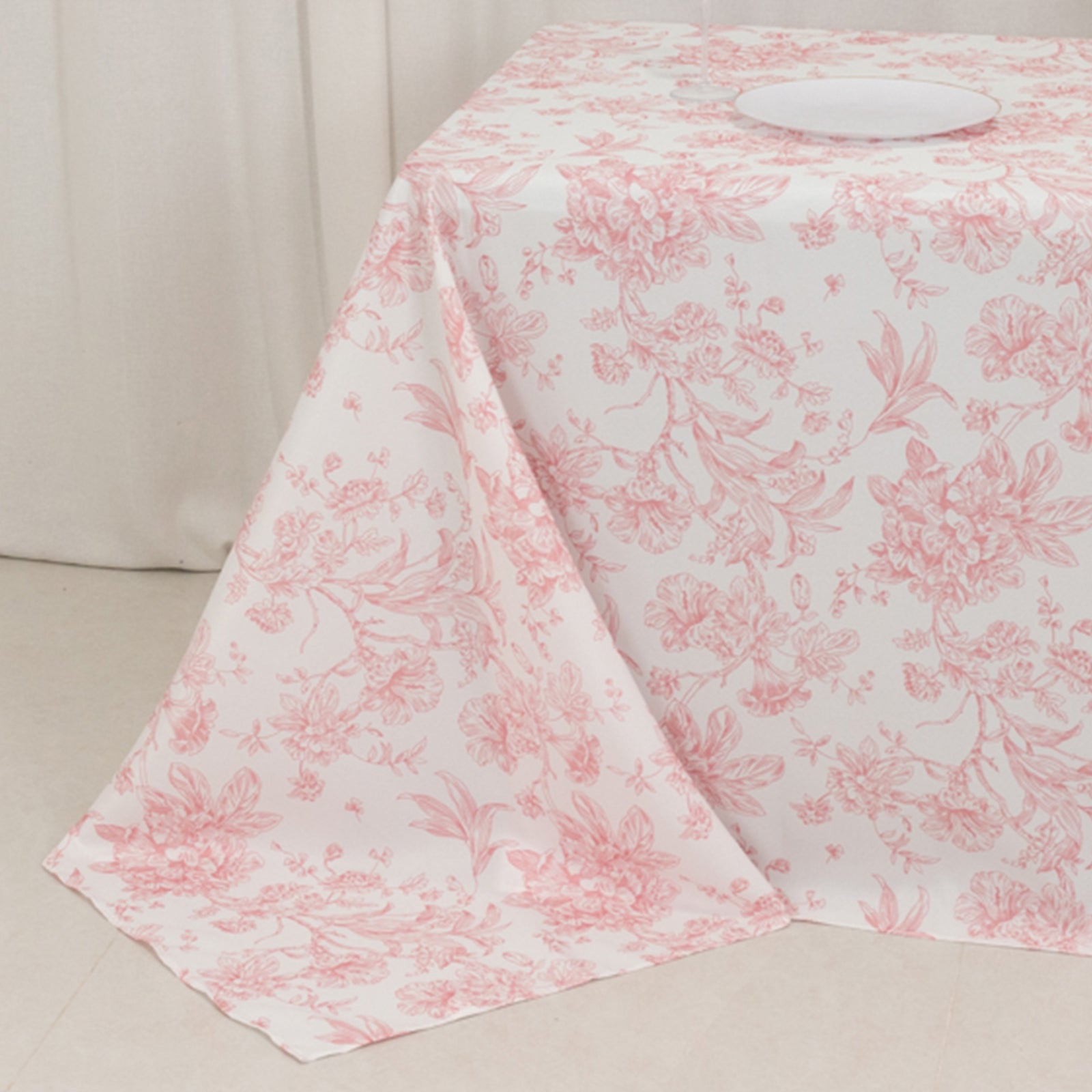 Exclusive Seamless Polyester Rectangle Tablecloth with Pink French Toile Pattern for Formal Celebrations - White
