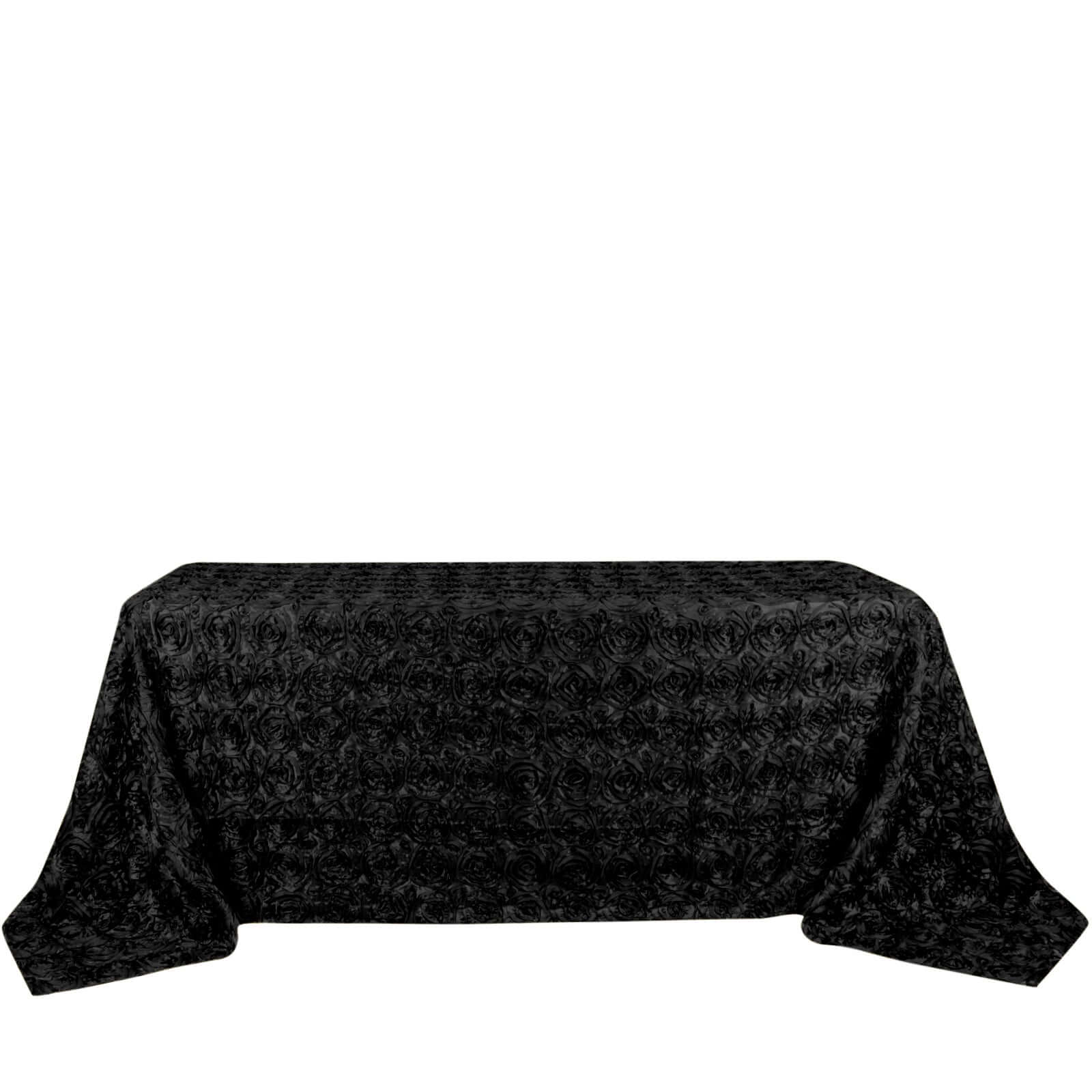 Black Satin Rectangle Tablecloth (90x132) with Stunning 3D Rosette Design for Elegant Gatherings