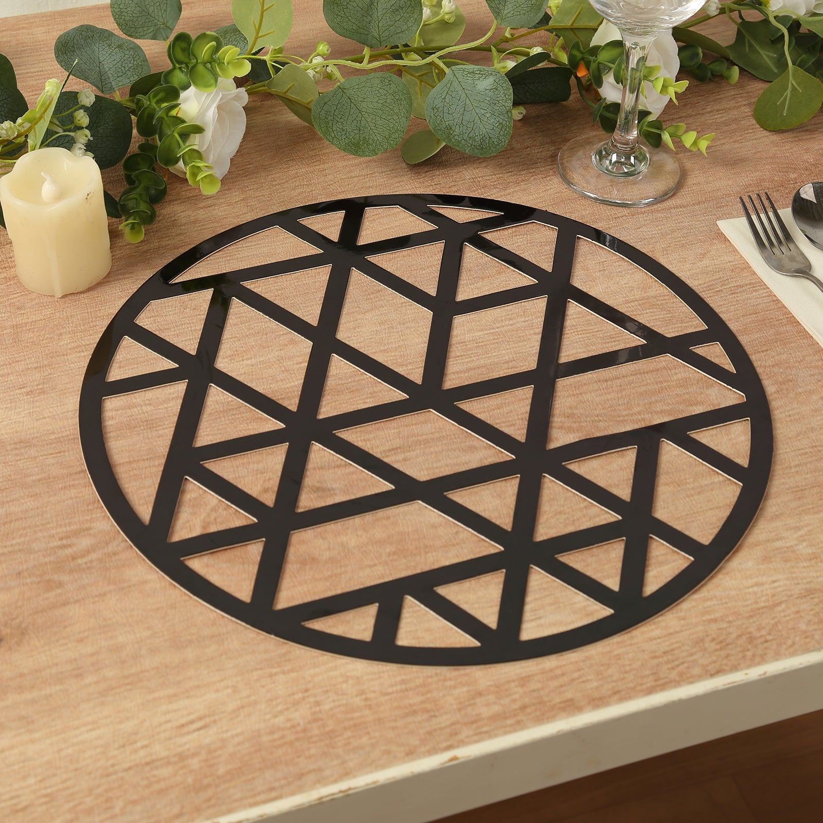 Hot Sale! 6-Pack Black Cardboard Disposable Table Placemats with Laser-Cut Geometric Triangle Design, 13 Inches