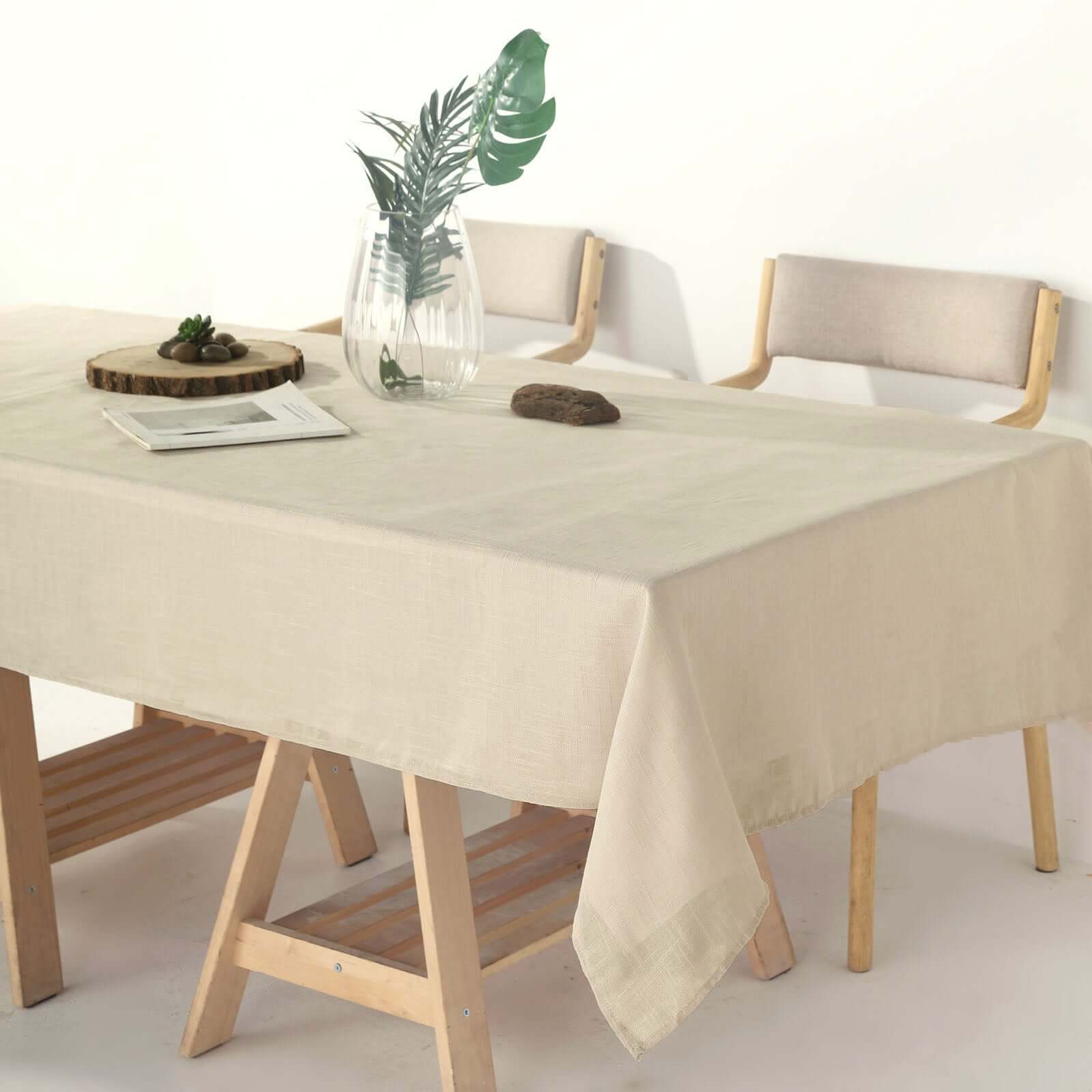 Beige Faux Linen Rectangular Tablecloth - Wrinkle Resistant & Slubby Texture