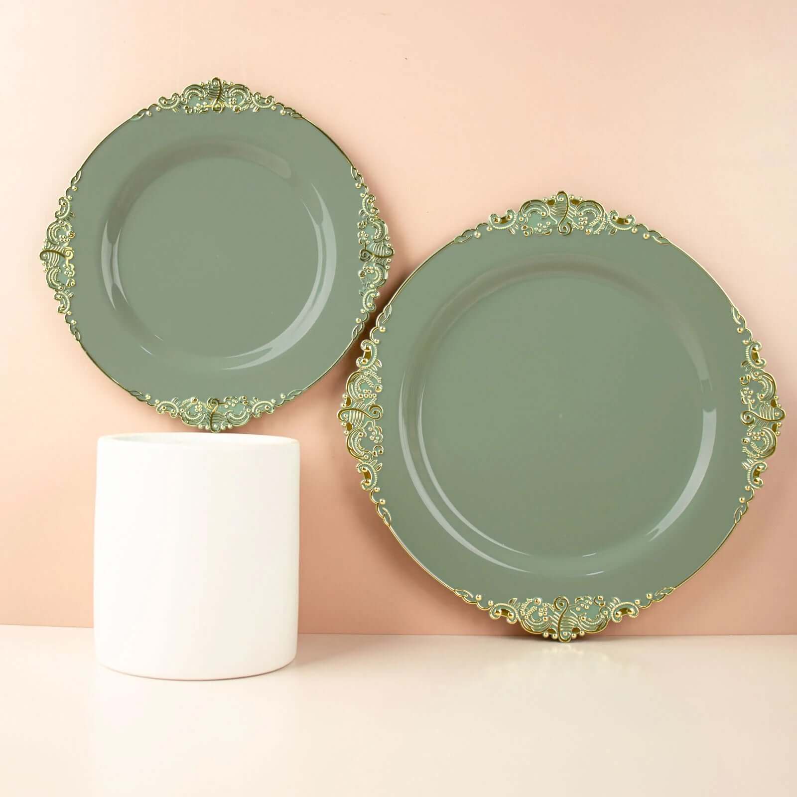 10-Pack Disposable Vintage Baroque Style Plastic Round Salad Dessert Plates in Dusty Sage Green with Gold Leaf Rim