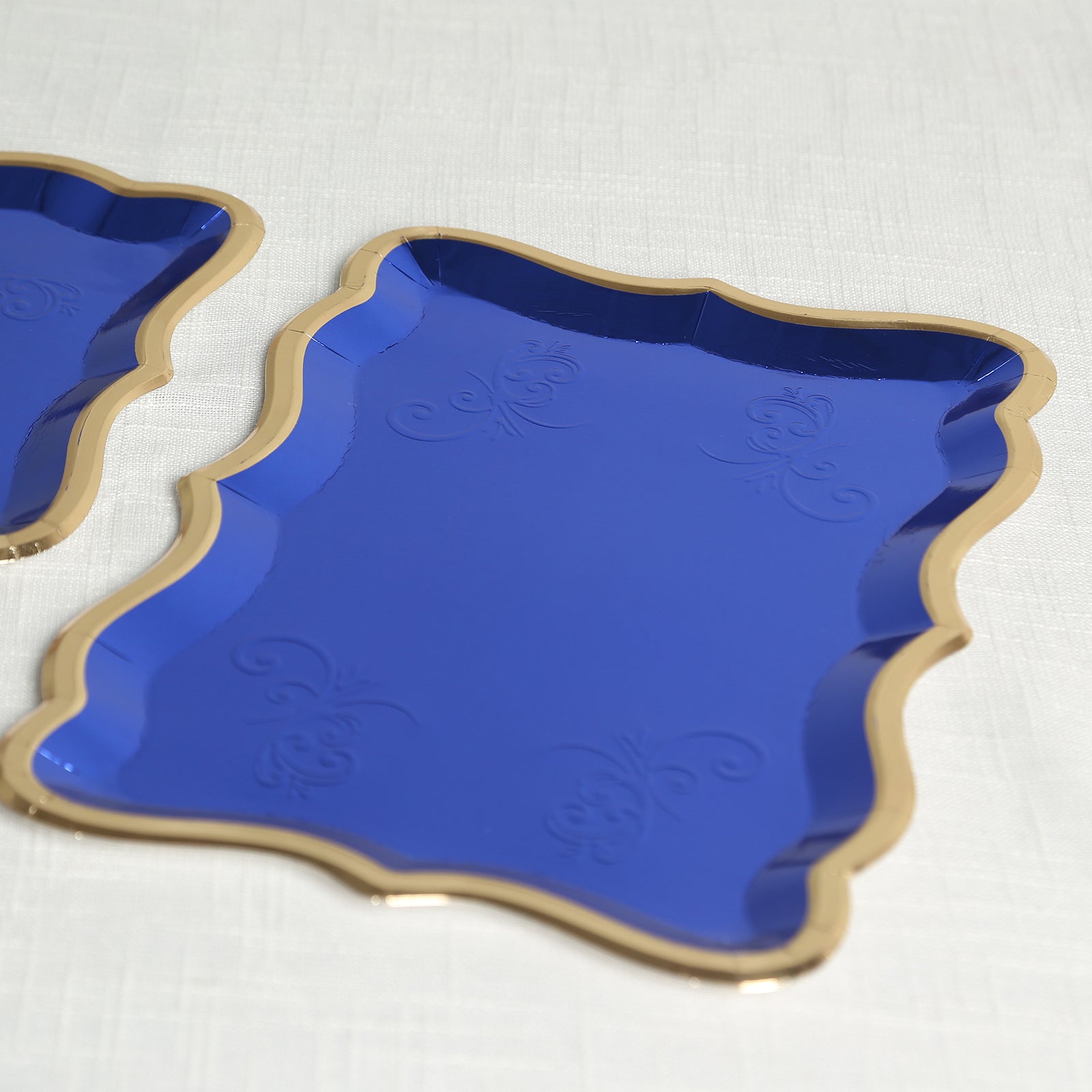 10-Pack Heavy Duty Disposable Royal Blue Paper Serving Trays with Gold Rim for Weddings & Parties