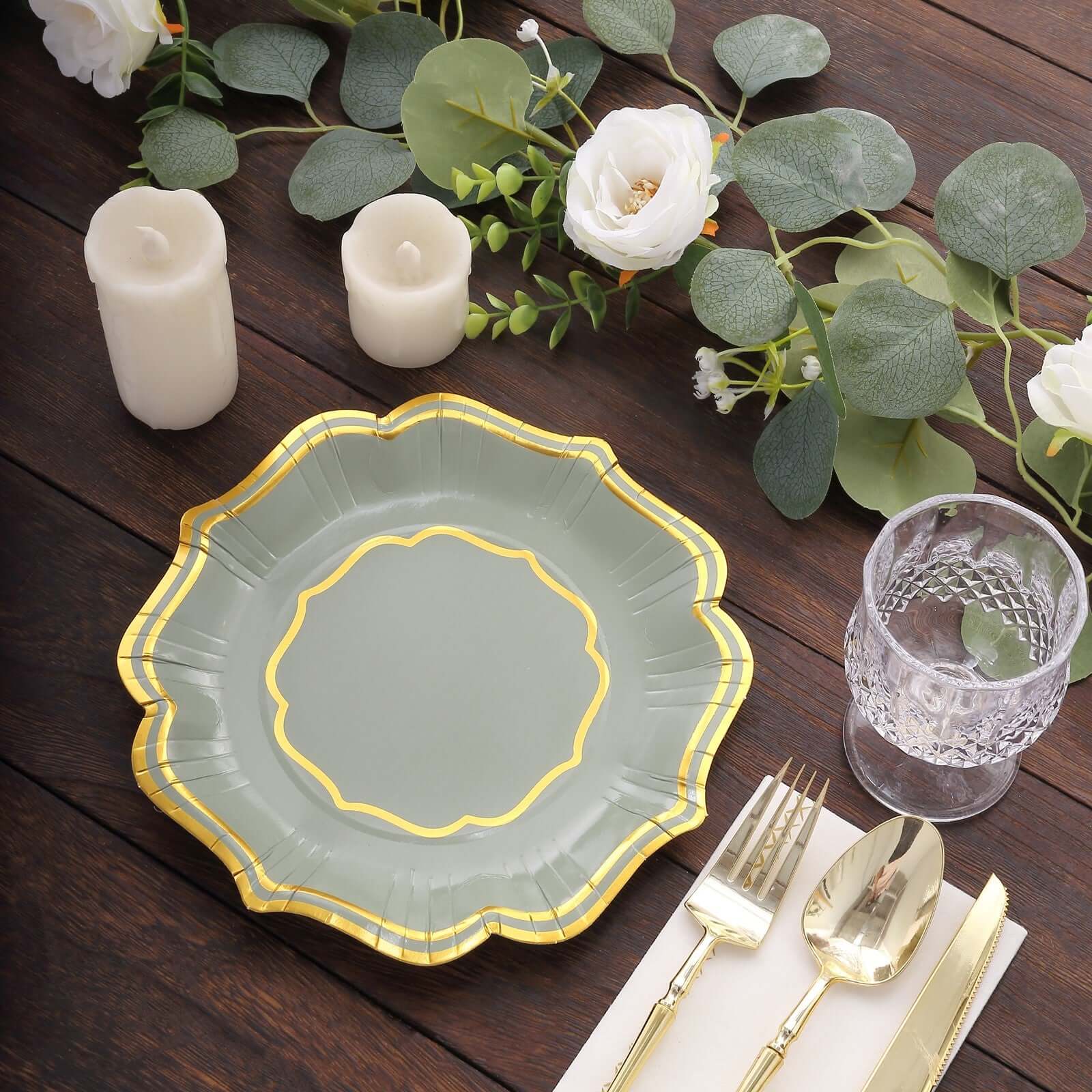 25-Piece Disposable 300GSM Sage Green Paper Dessert Plates with Gold Scalloped Edge, 8 Inches