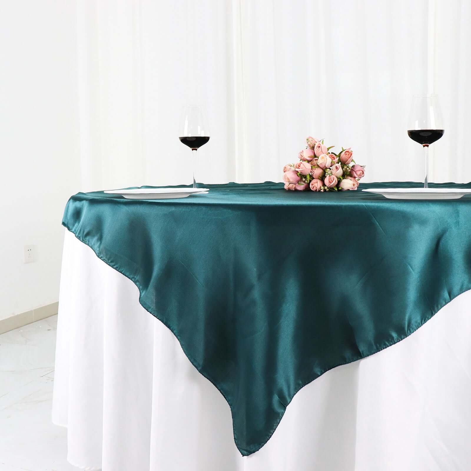 Peacock Teal Satin 60x60 Square Table Overlay with Smooth Silky Touch