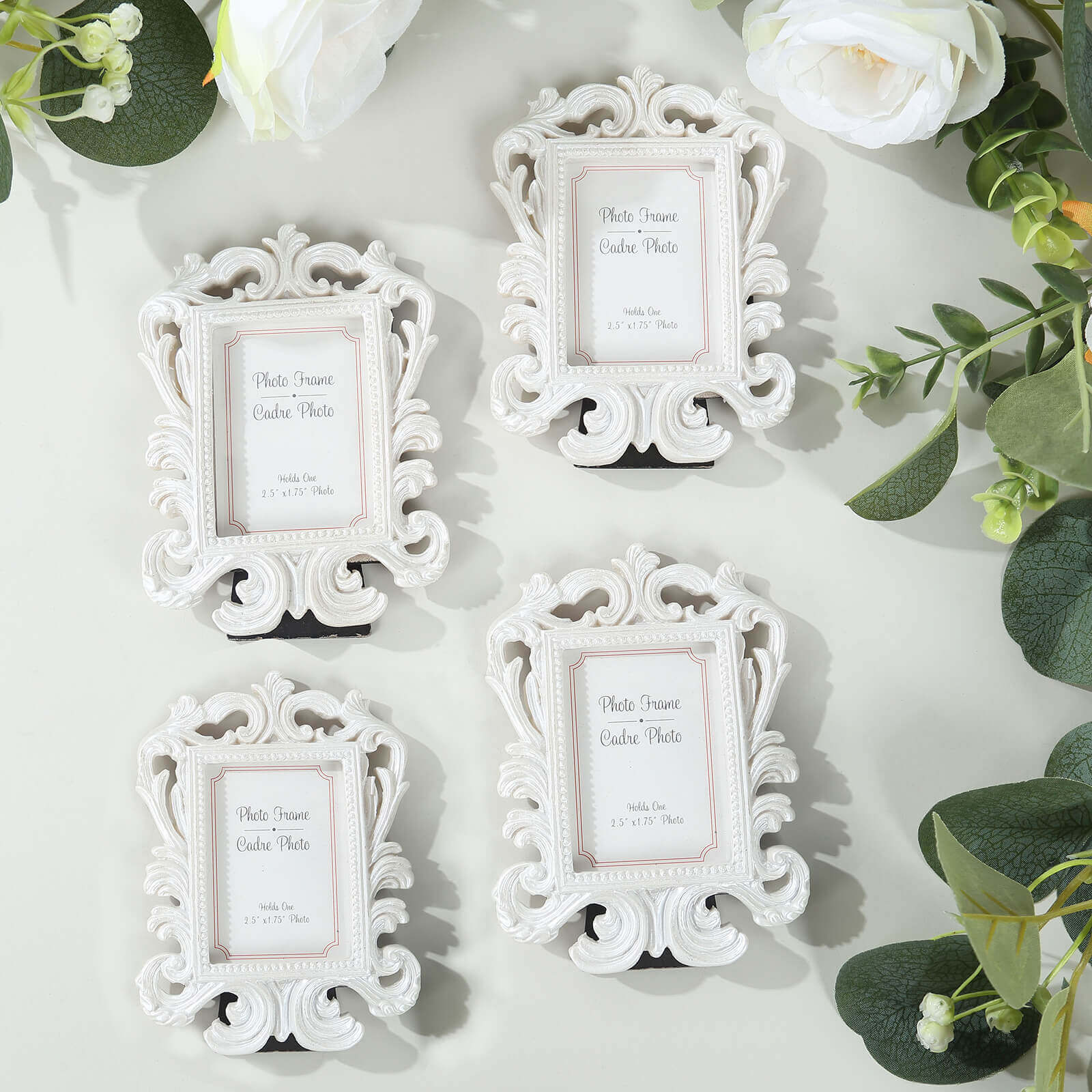 4-Piece Set of White Resin Vintage Baroque Mini Rectangle Picture Frames for Weddings and Parties