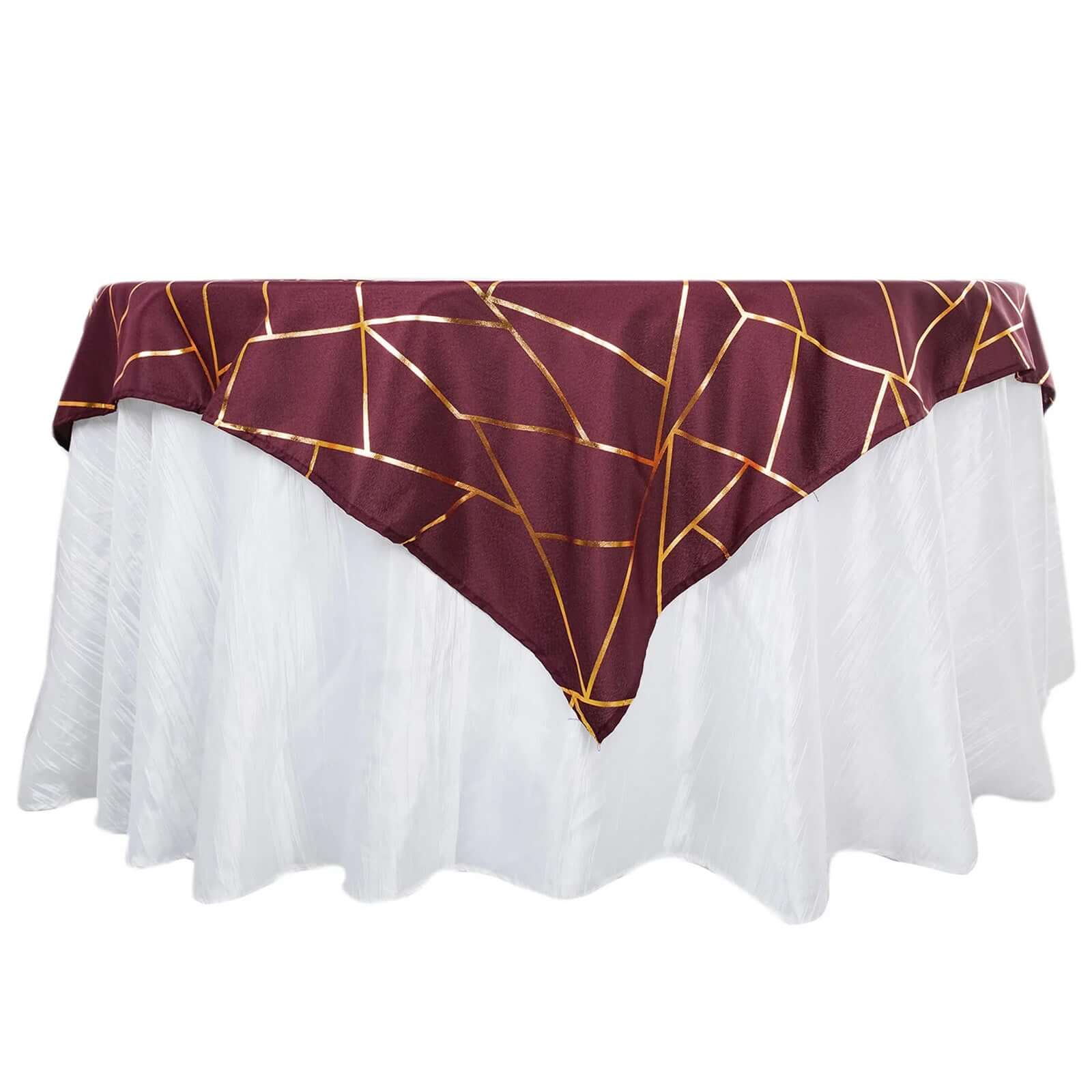 Hot! Wrinkle-Resistant & Durable Burgundy Polyester Table Overlay with Gold Foil Geometric Pattern, 54x54