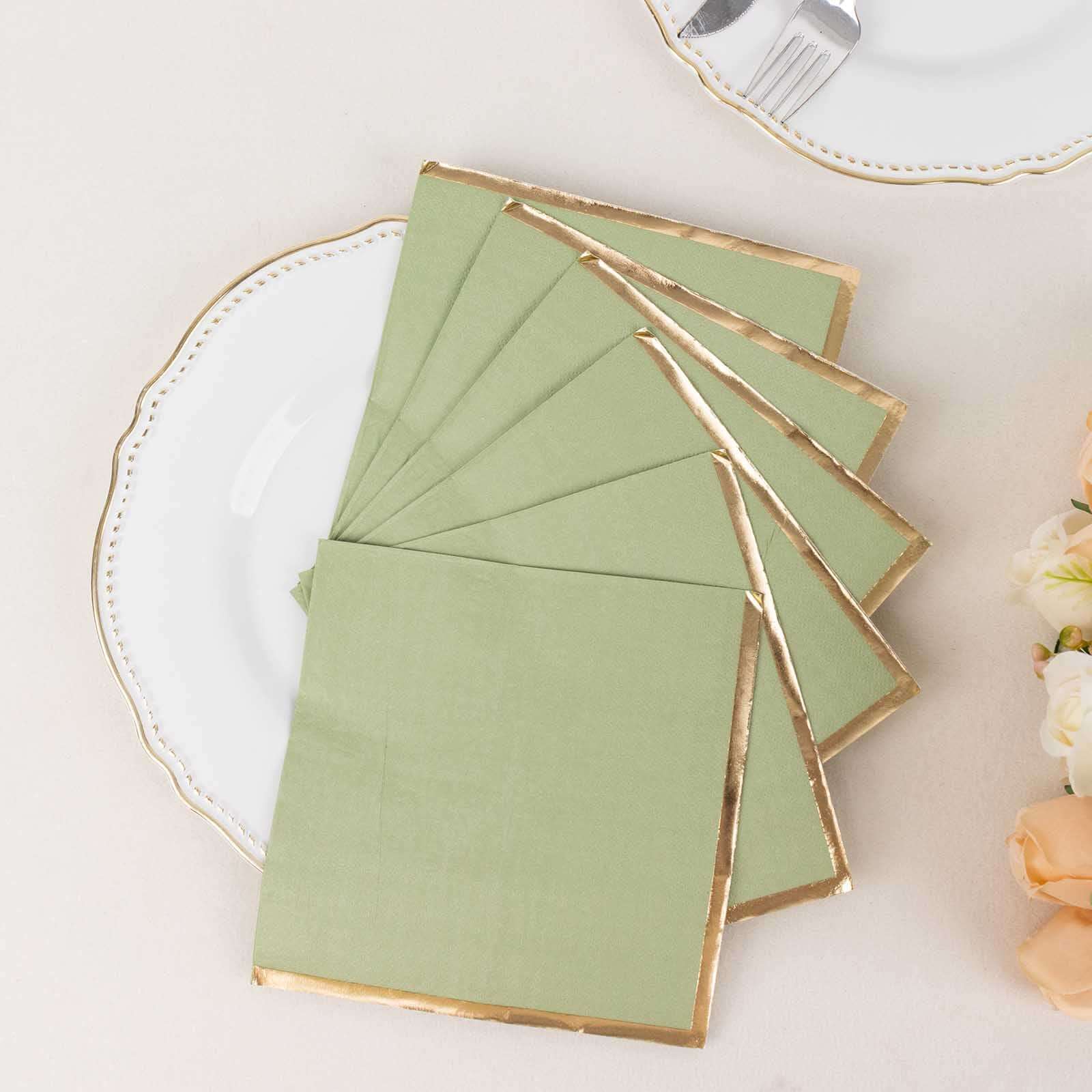 50-Pack Disposable 2-Ply Sage Green Paper Beverage Napkins with Gold Foil Edge - Ideal for Events