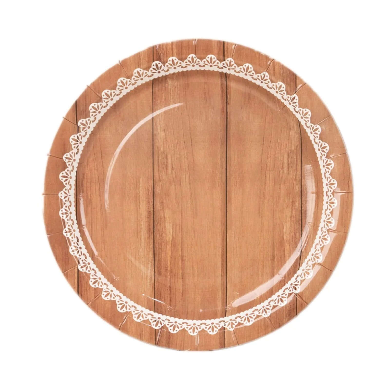 25-Piece Set of 9-Inch Round Disposable Dinner Plates in Brown Wood Grain with White Lace Rim for Rustic Events