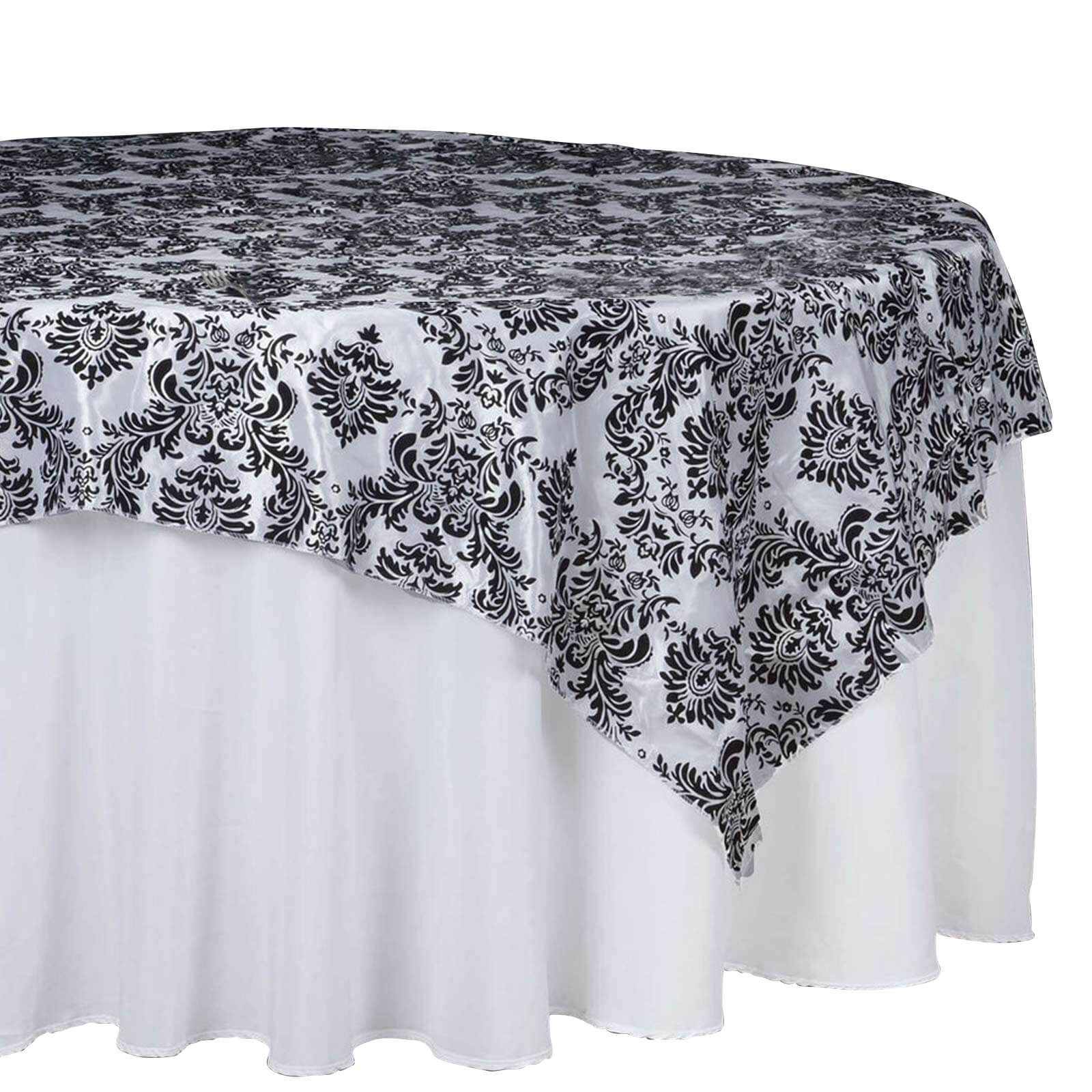 Black 90x90 Square Flocking Table Overlay with Damask Design for Elegant Events