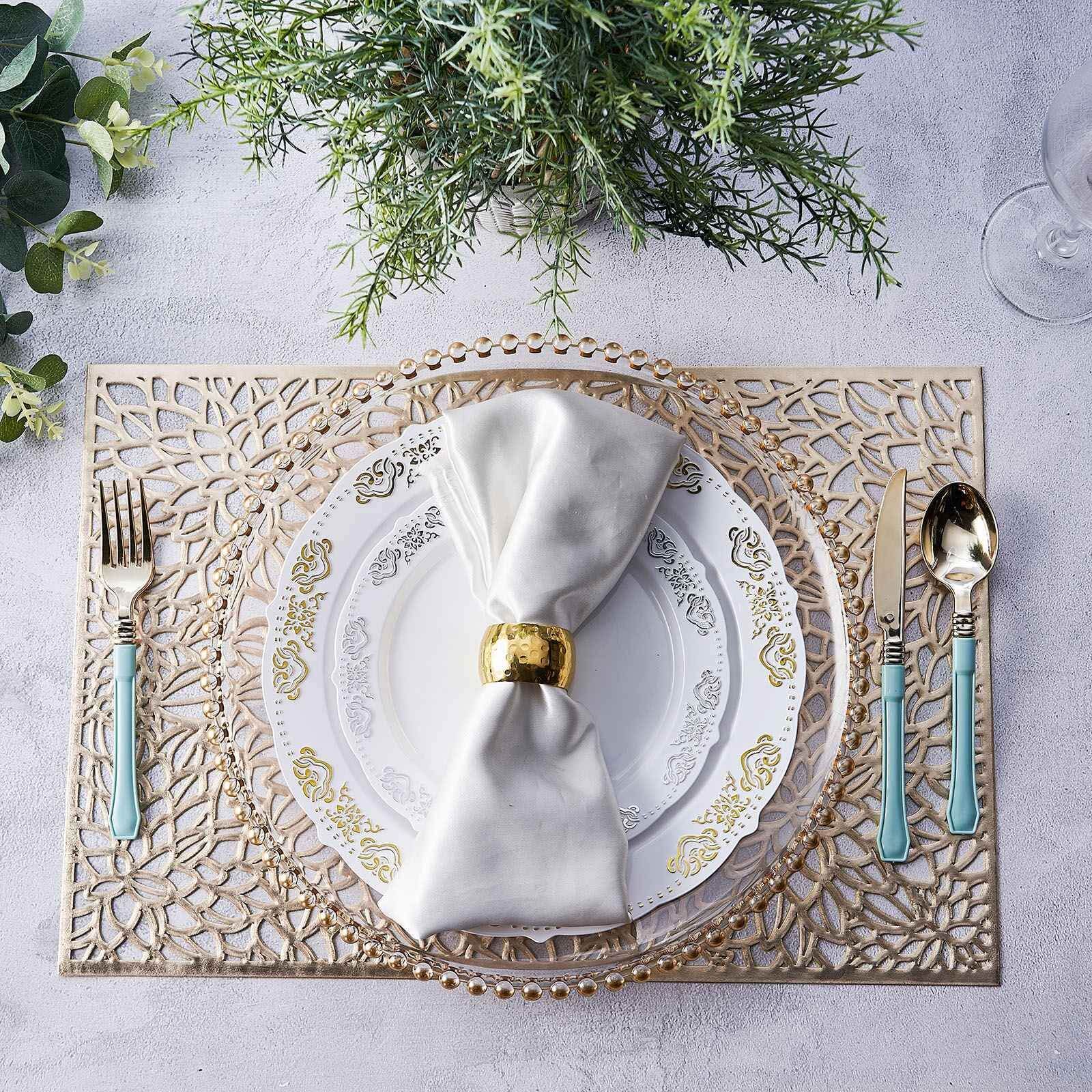 6-Pack Gold Metallic Floral Vinyl Placemats - Non-Slip 12x18 Rectangle Table Mats