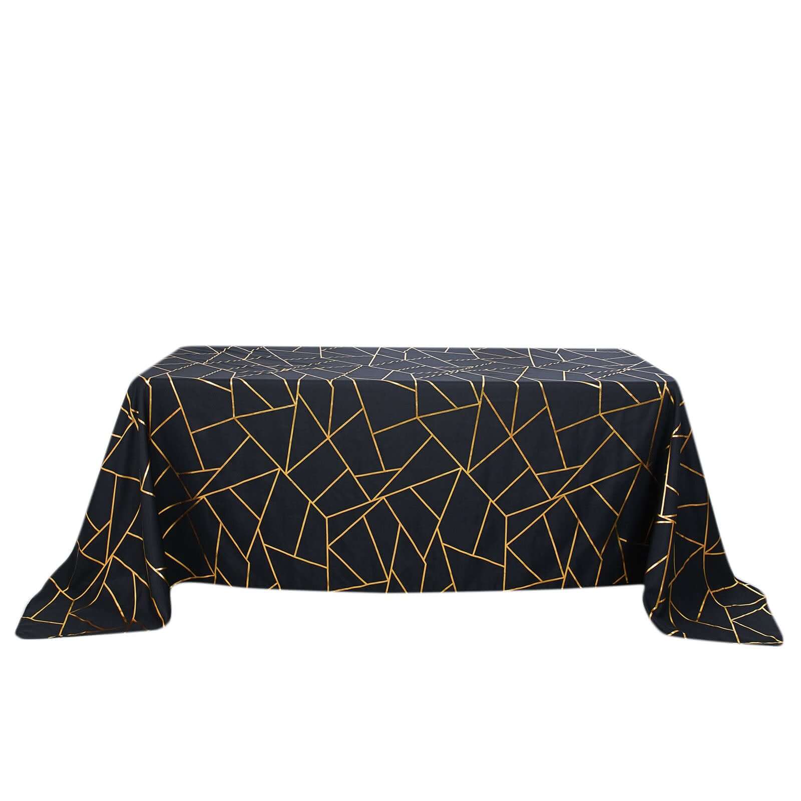 Hot Sale! Wrinkle-Resistant Polyester Black Seamless Tablecloth with Gold Foil Geometric Pattern, 90x132