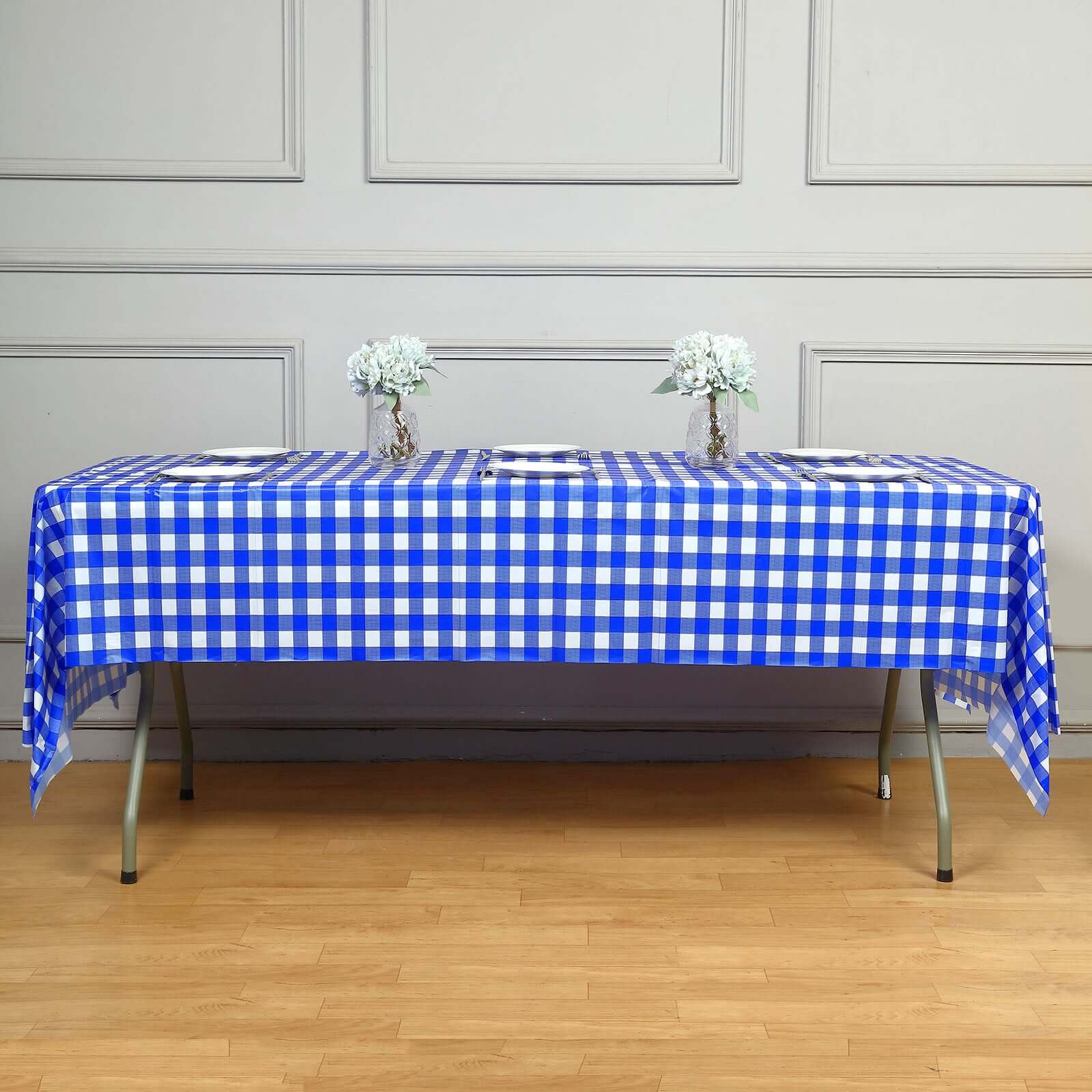 5-Pack Royal Blue Checkered Plastic Table Covers - Durable & Disposable for Events, 54x108